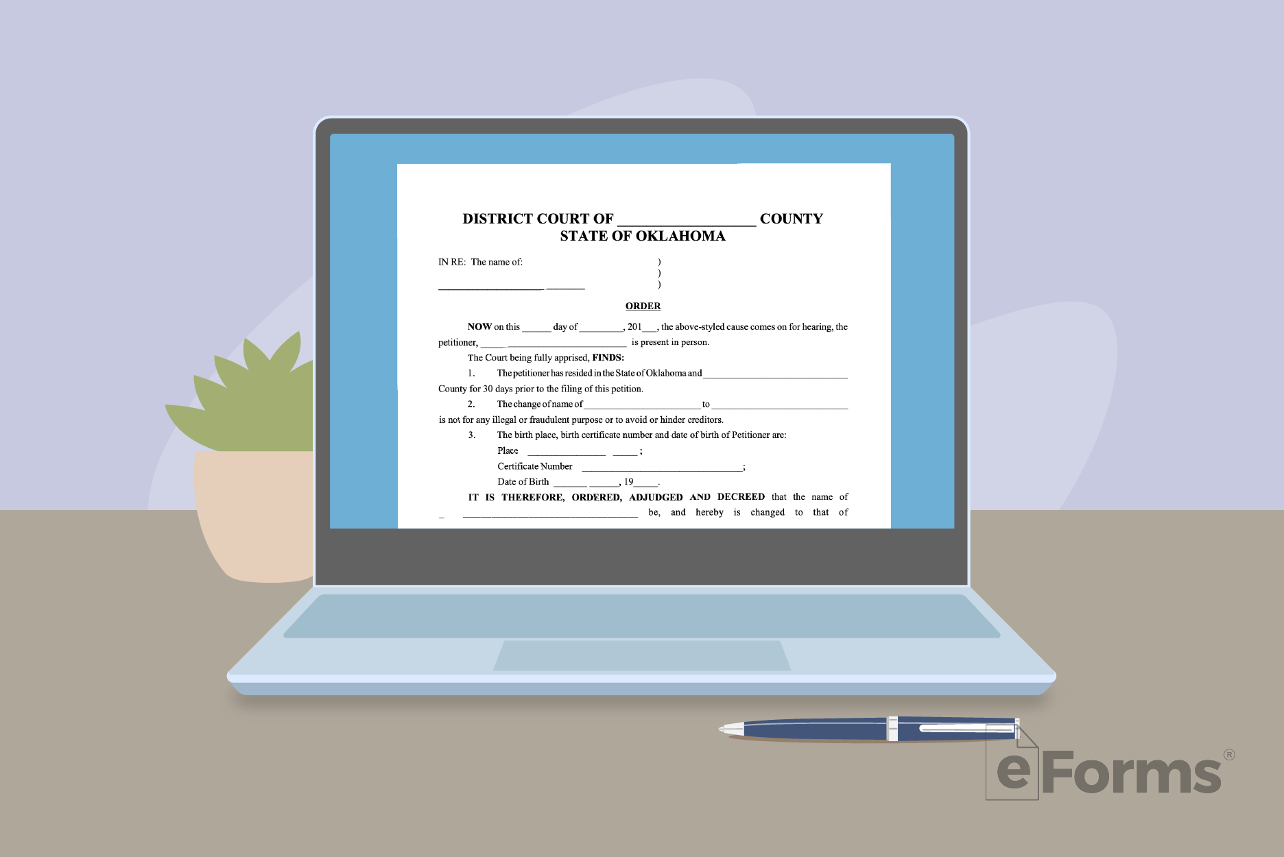 Laptop computer displaying Order for Name Change form.