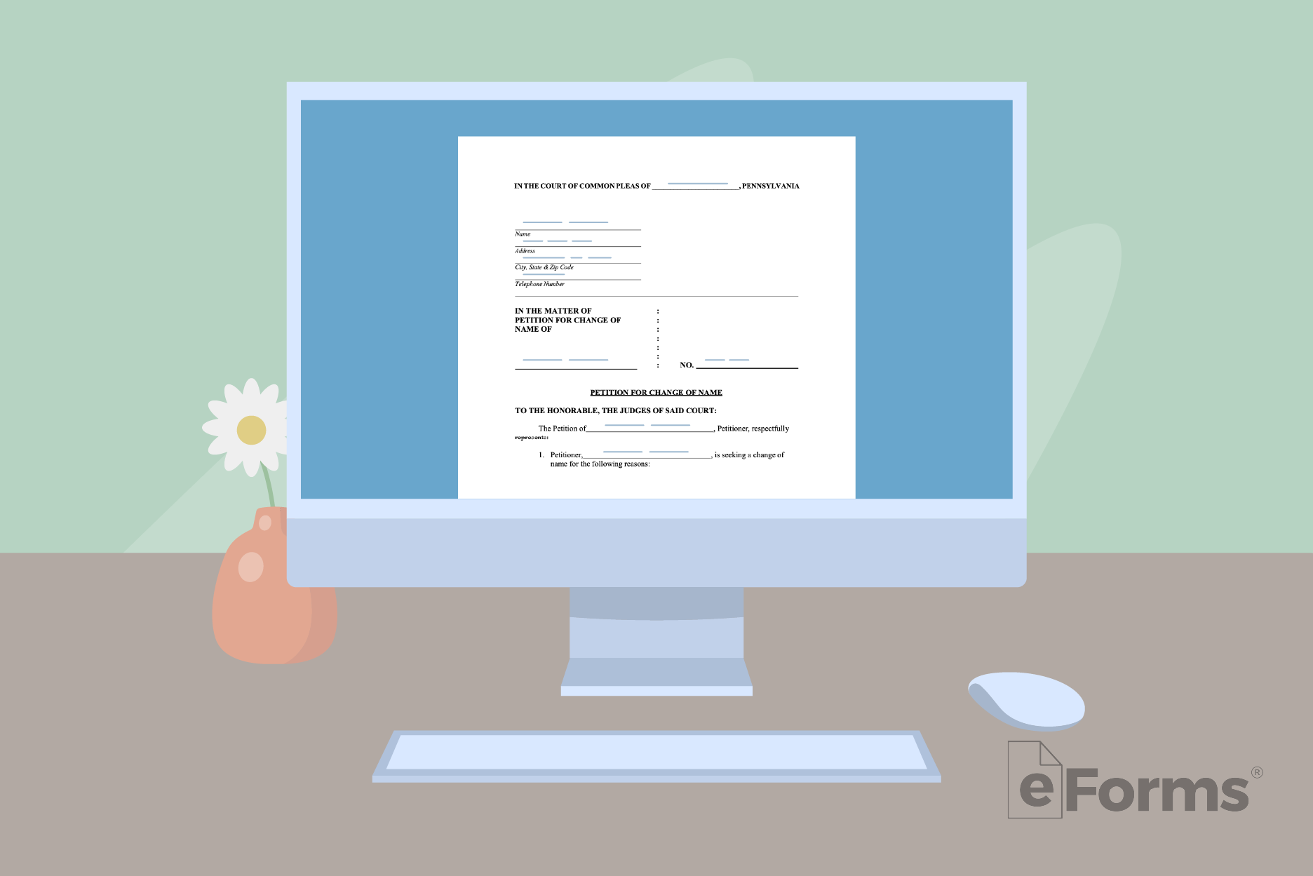 Desktop computer displaying Petition for Name Change form.