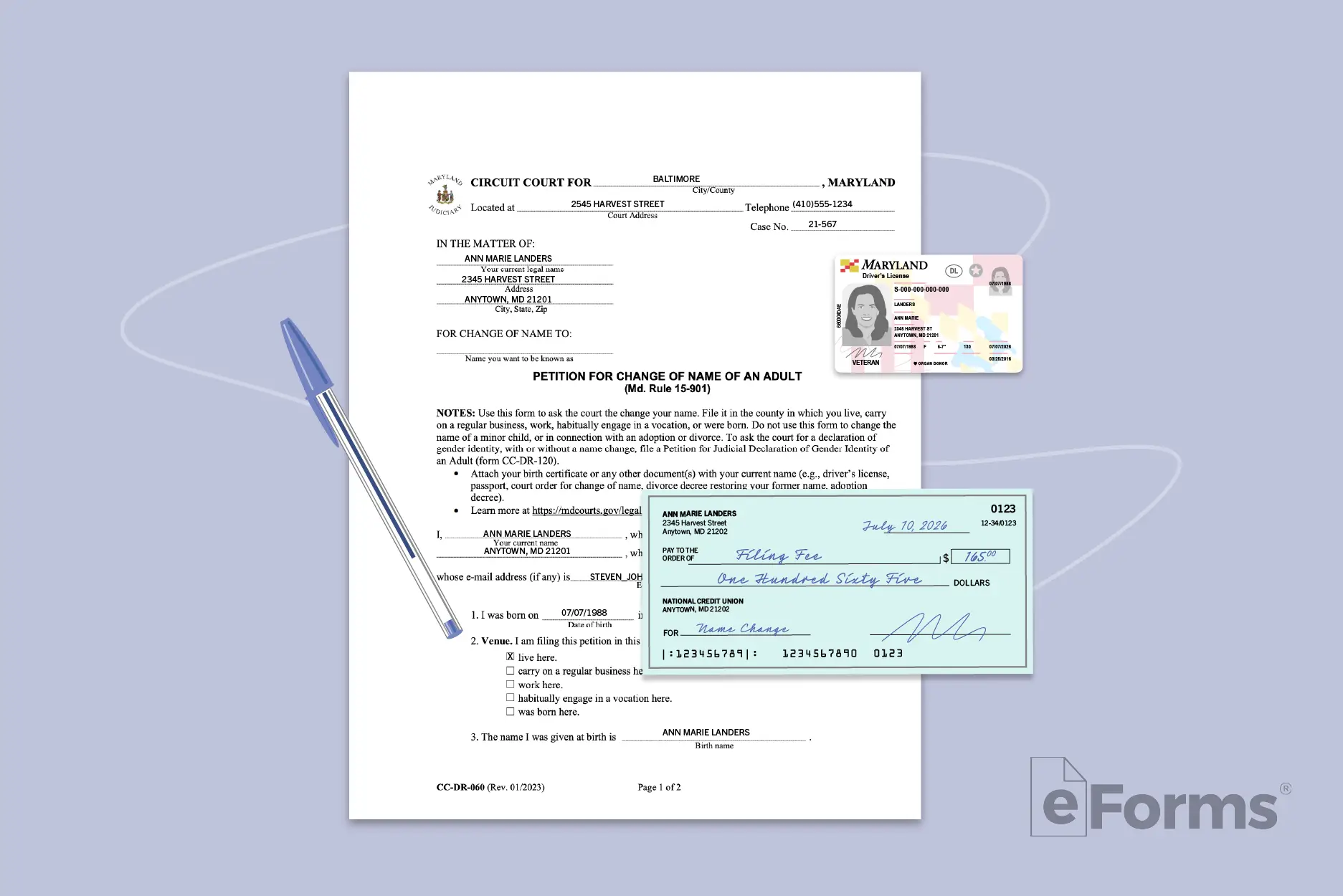 Petition for Name Change, Driver's License, and personal check.