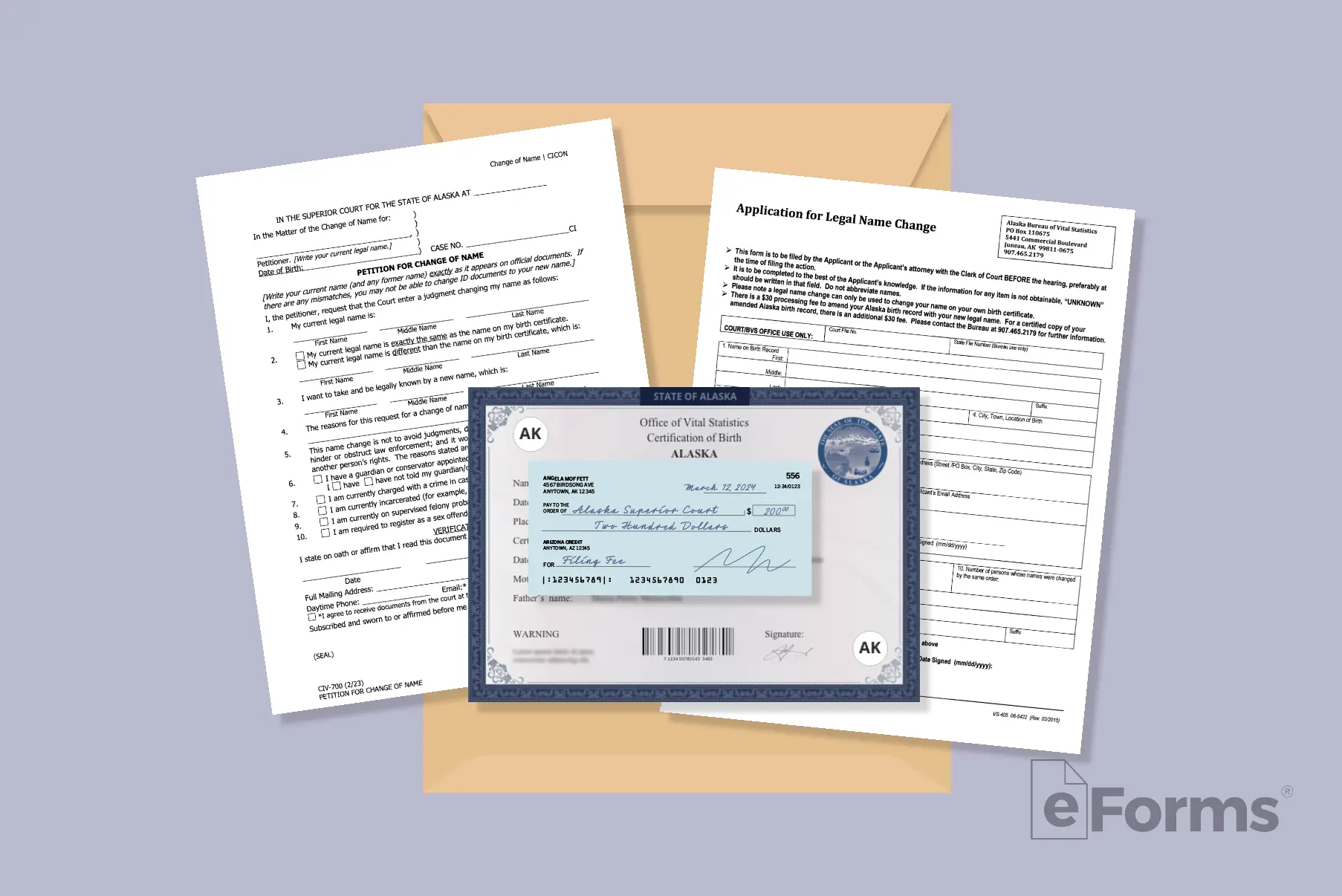 Flat lay image of required documents with a manila envelope.