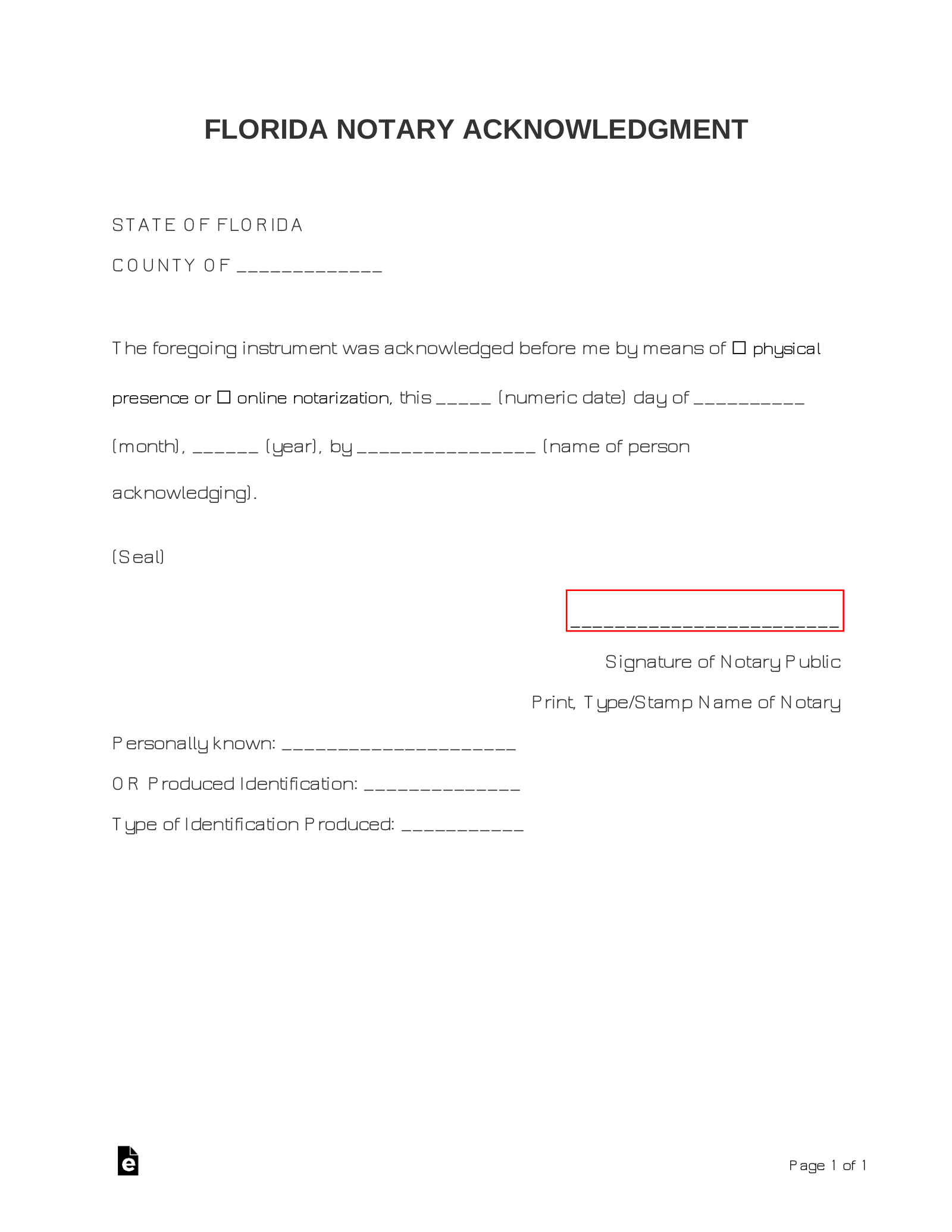 Florida Notary Acknowledgement Form 2023 Printable Forms Free Online