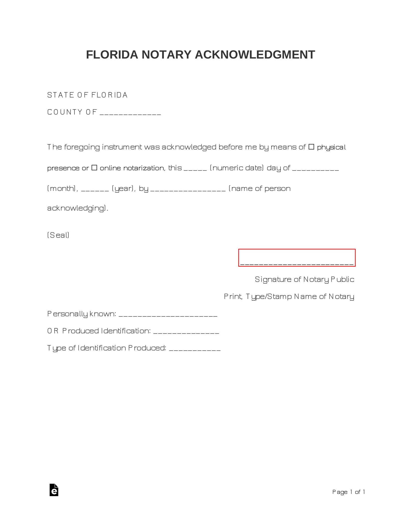 Free Florida Notary Acknowledgment Form PDF Word EForms