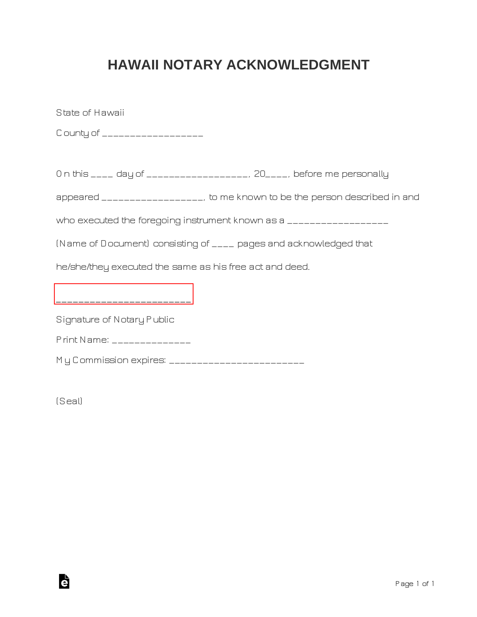 Free Hawaii Notary Acknowledgment Form - PDF