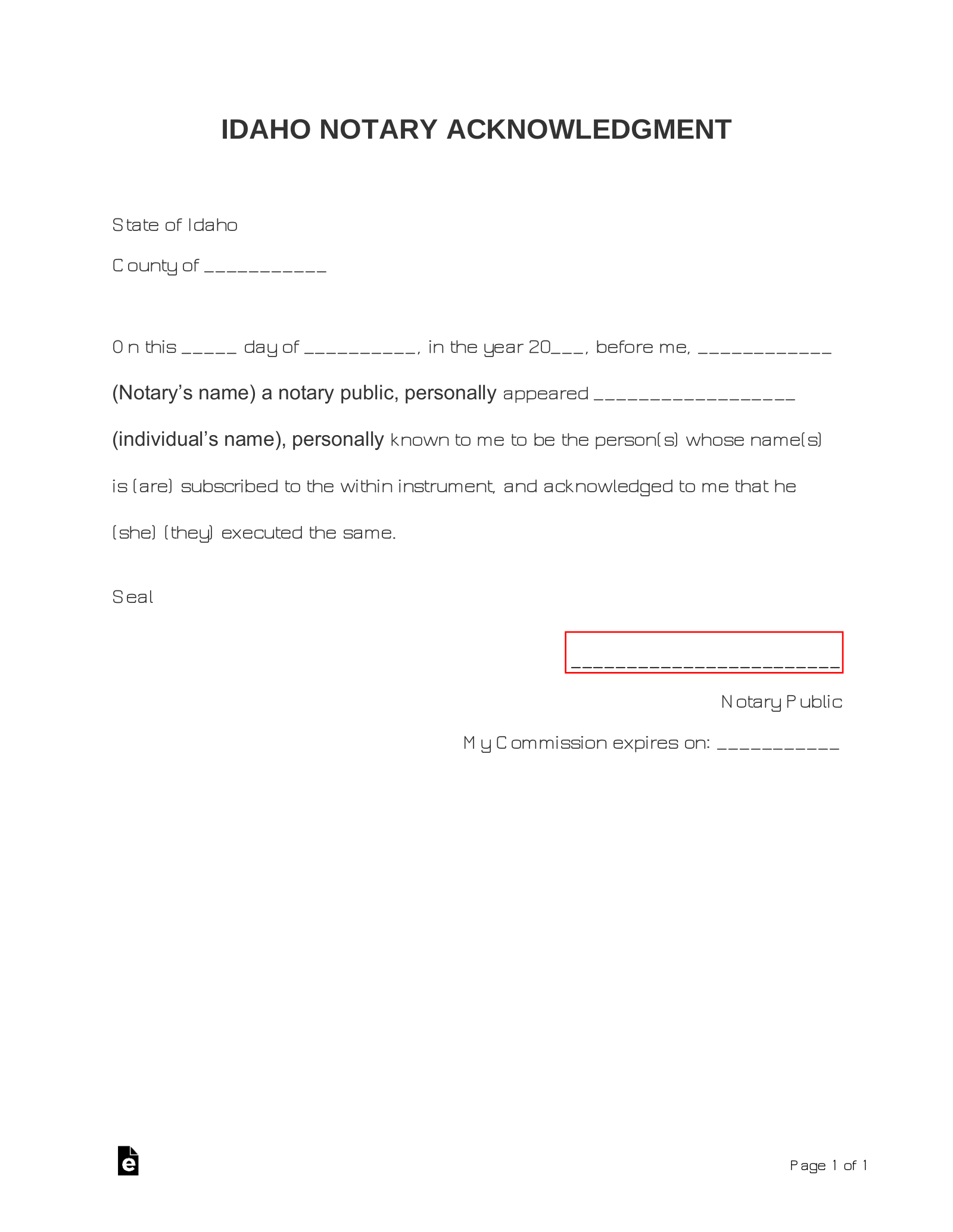 Idaho Notary Acknowledgment Form