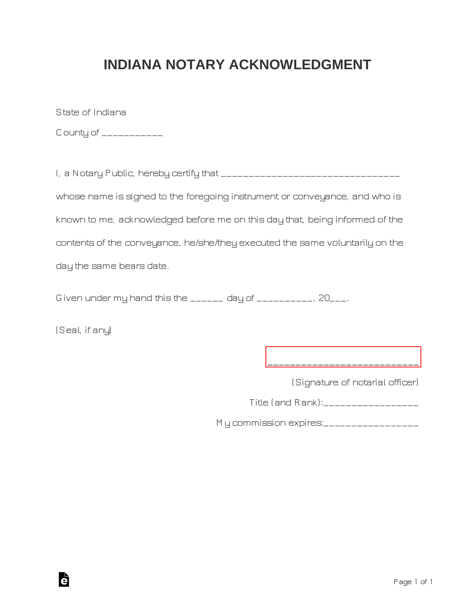 Indiana Notary Acknowledgment Form