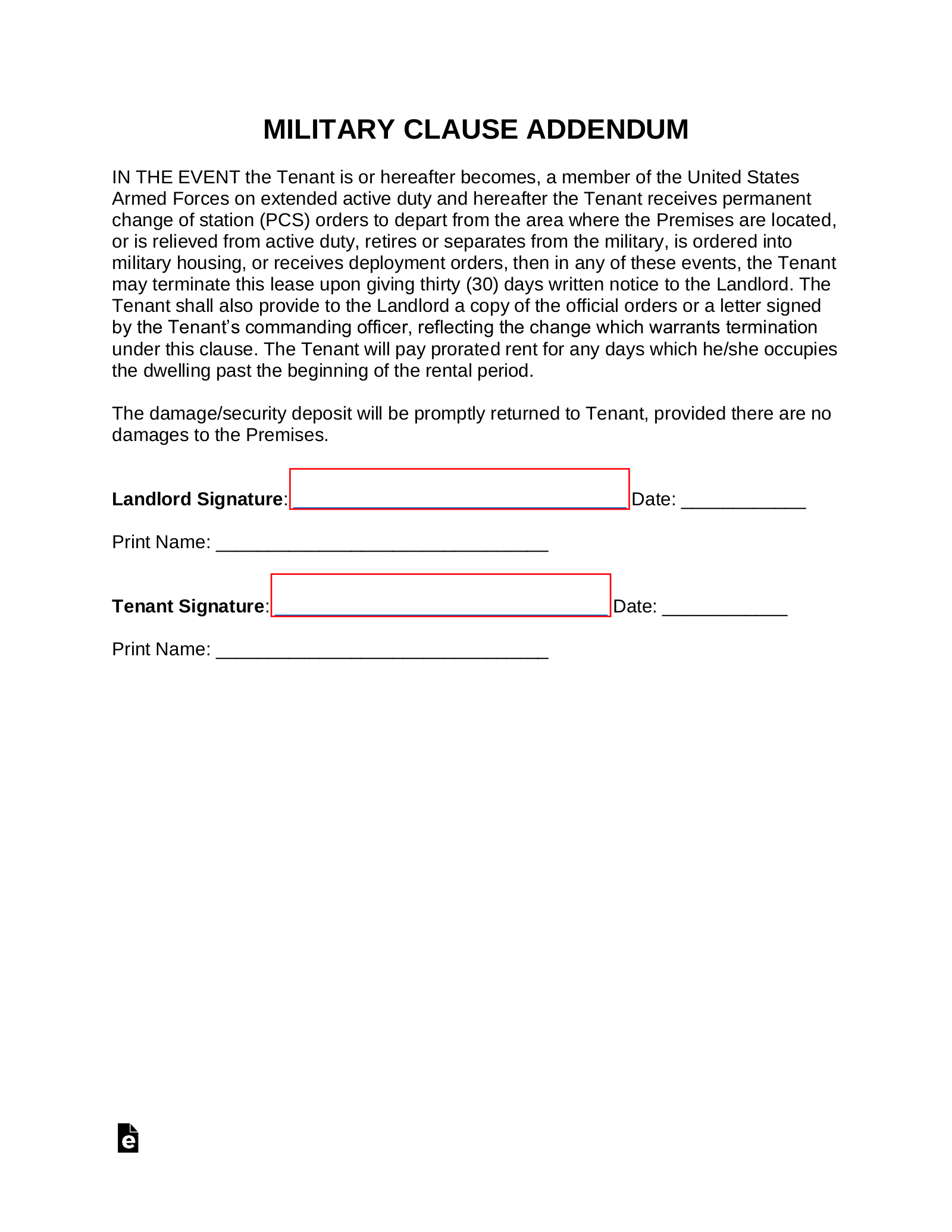 Military Lease Clause Addendum Template