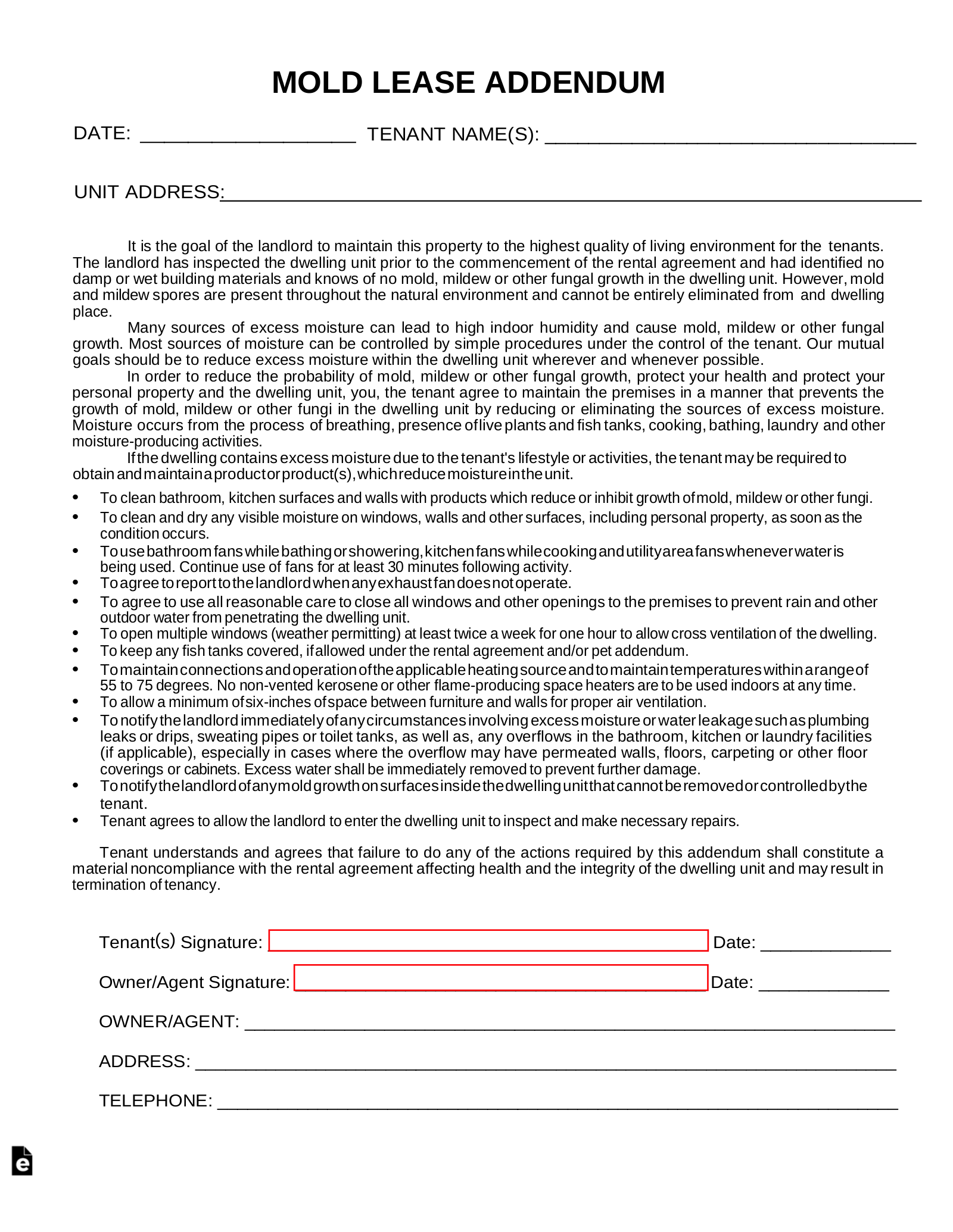 Mold Lease Addendum Template