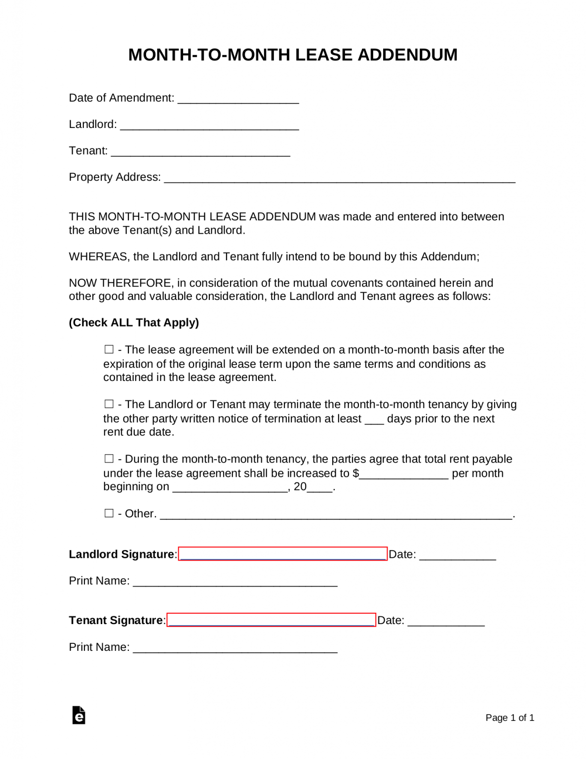 Free Month To Month Lease Addendum Template Pdf Word Eforms 6196