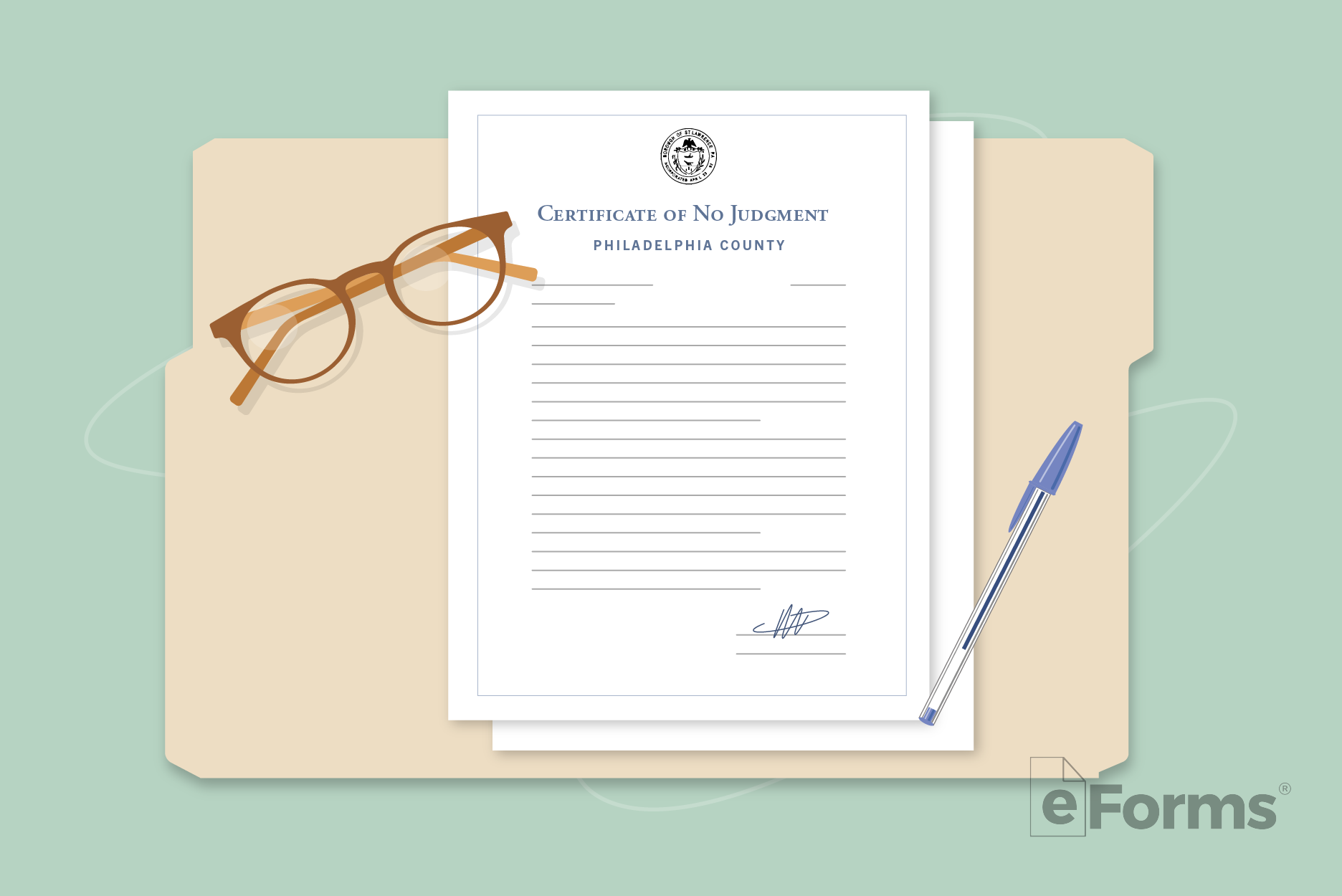 Certificate of No Judgements with glasses and pen on top of file folder. 