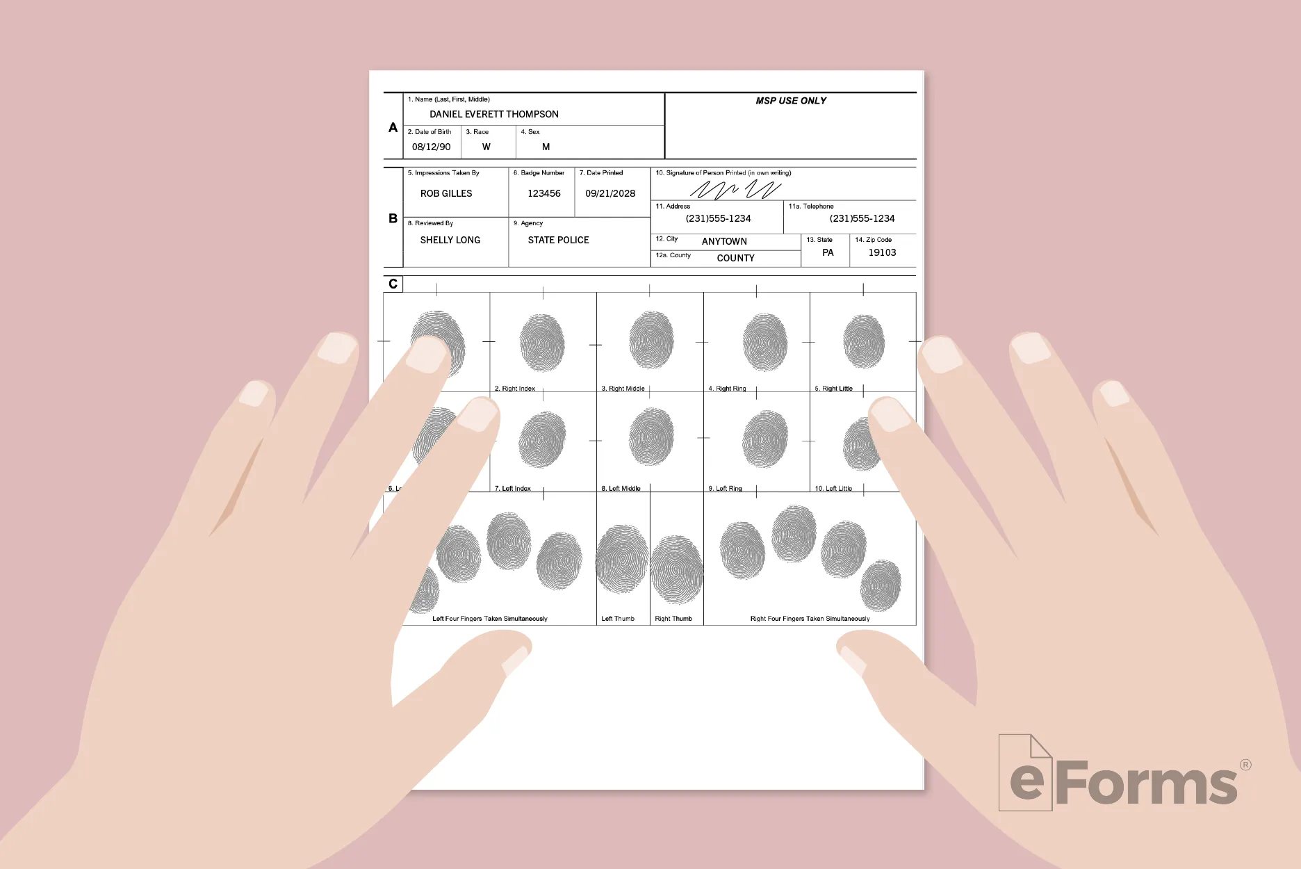 Pair of hands over fingerprint card.
