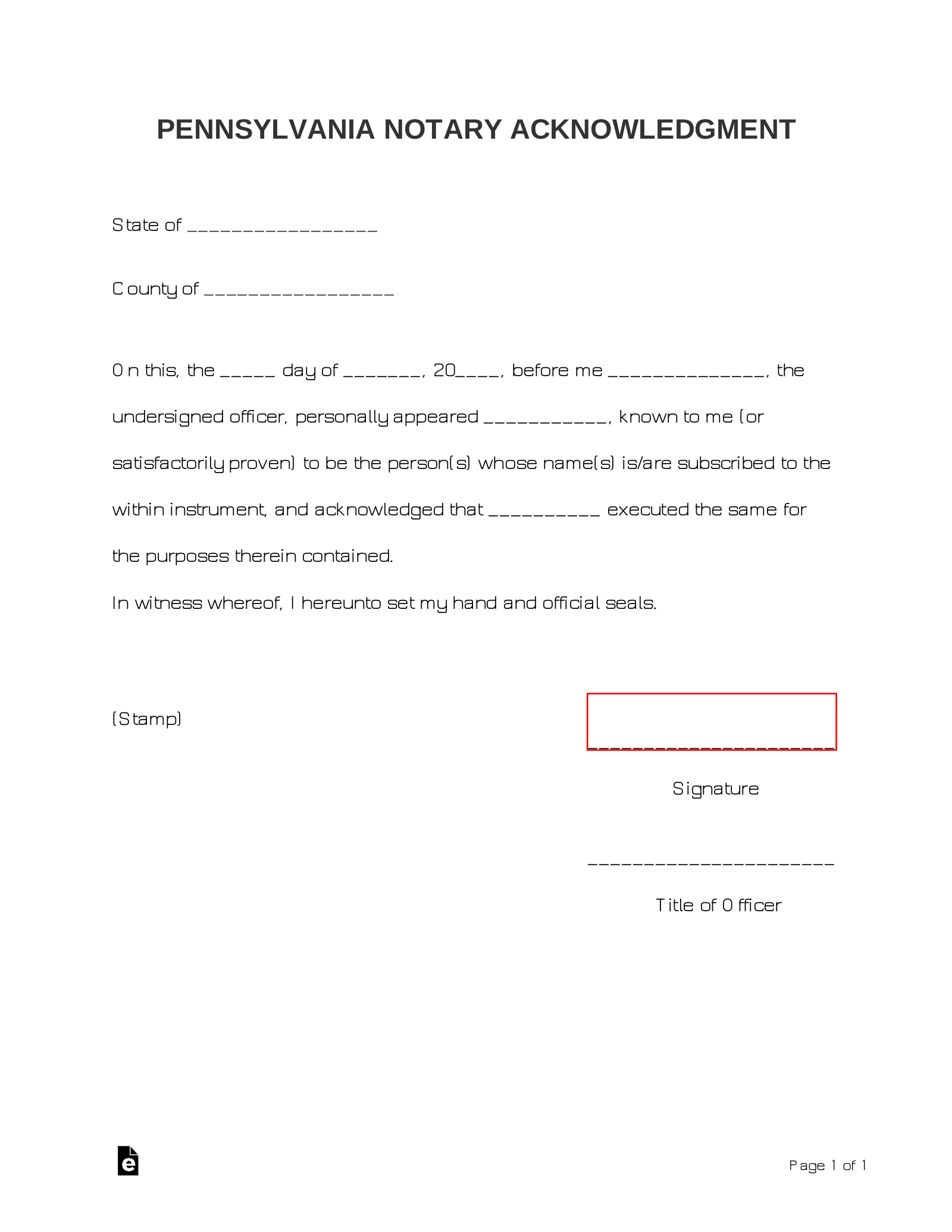 Pennsylvania Notary Acknowledgment Form