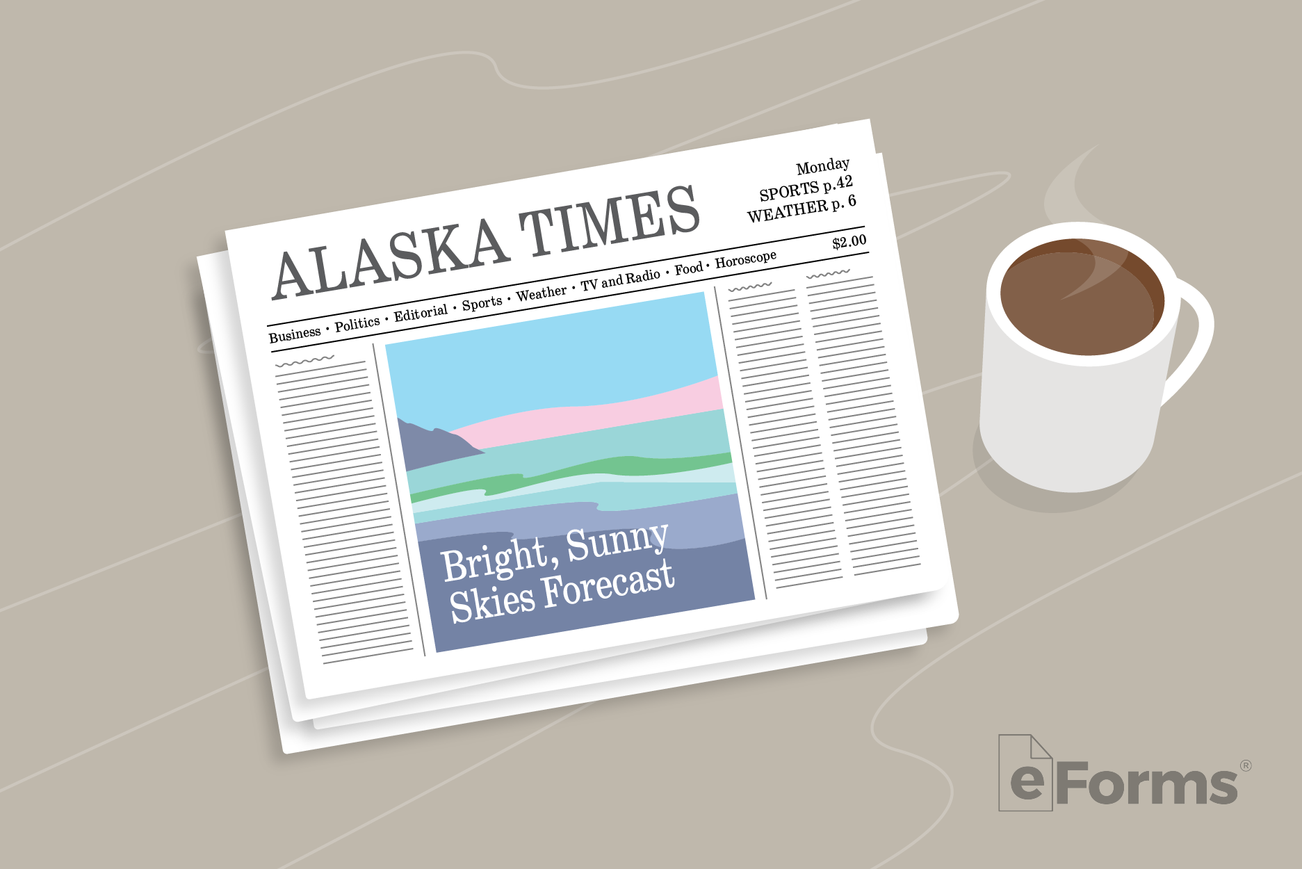 Alaska newspaper next to a cup of coffee.