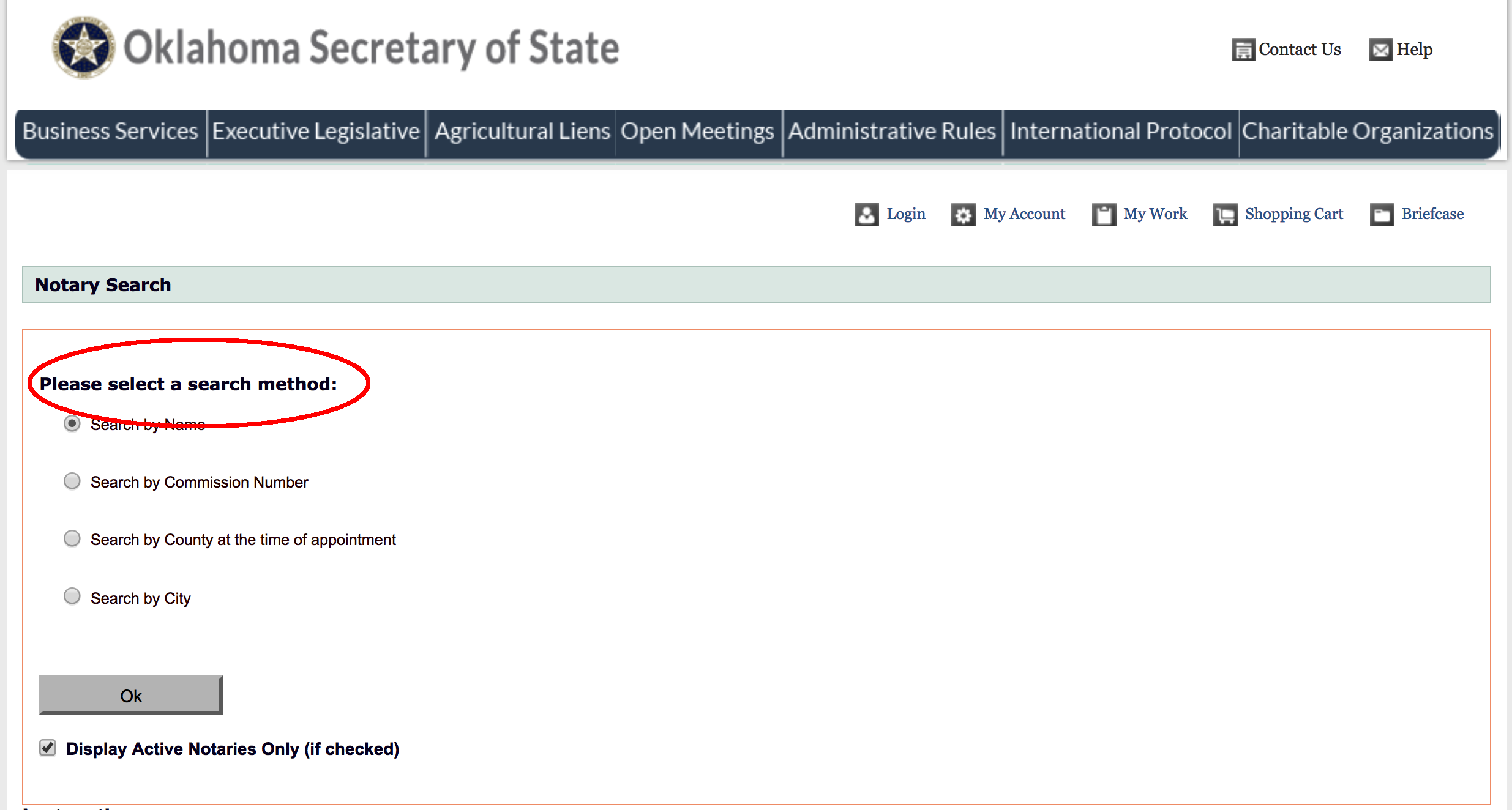 oklahoma secretary of state notary search methods page