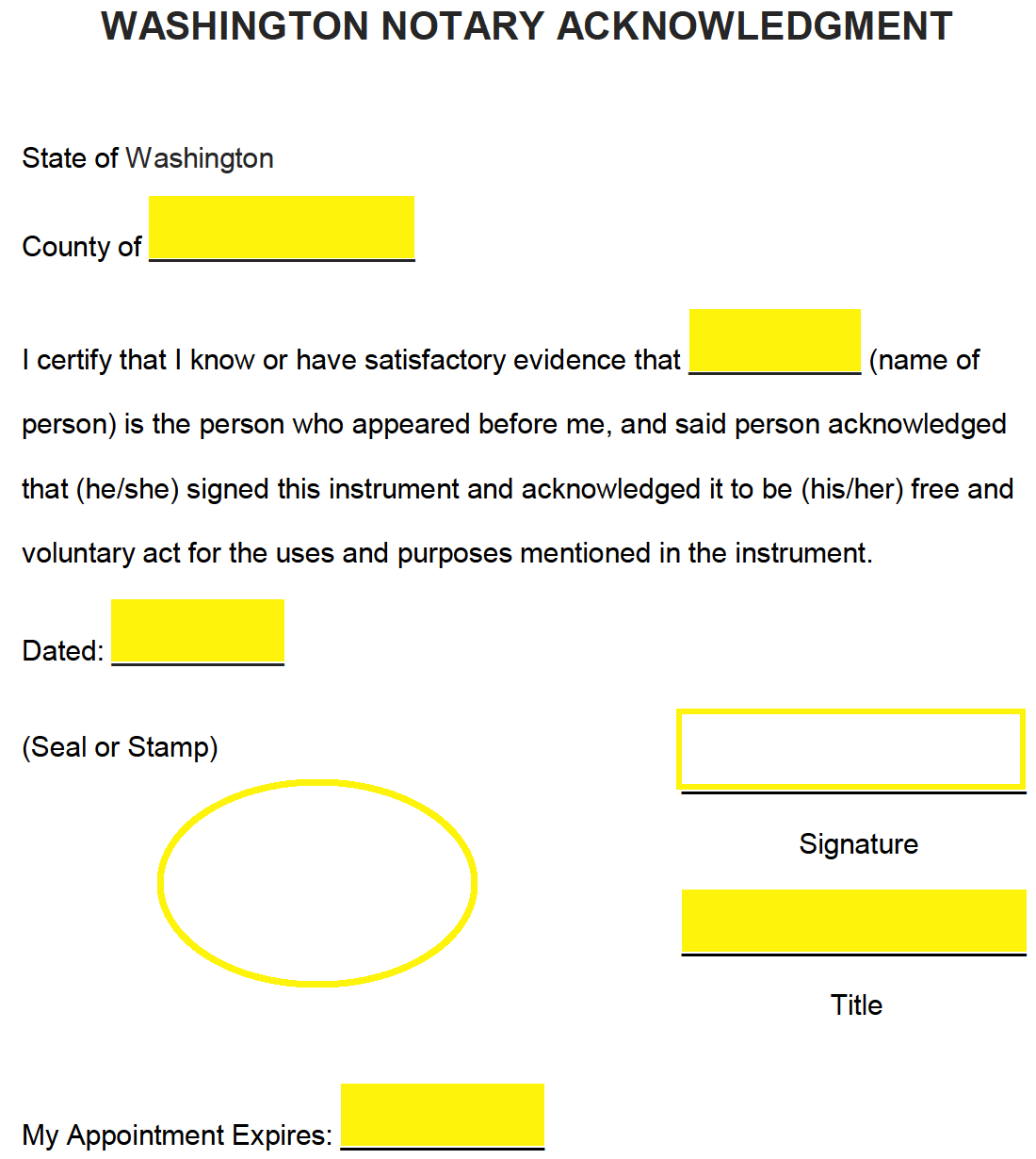 Free Washington Notary Acknowledgment Form PDF Word eForms