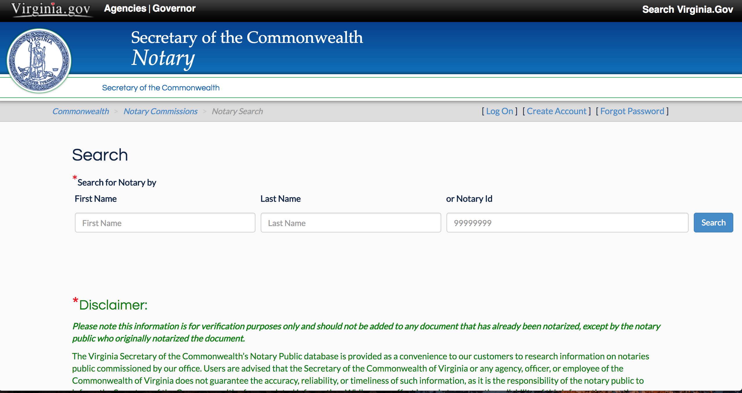 virginia secretary of commonwealth notary search page