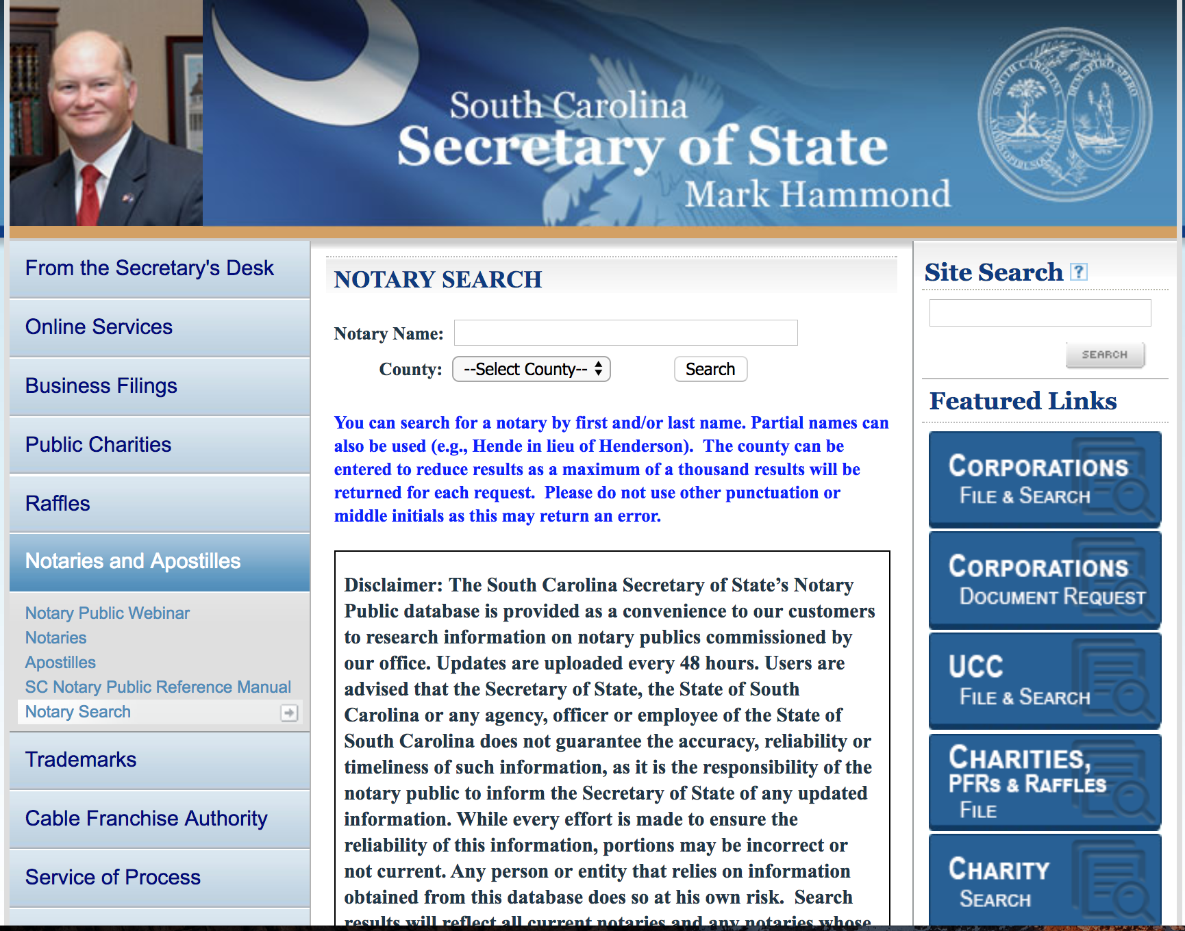 south carolina secretary of state notary search page