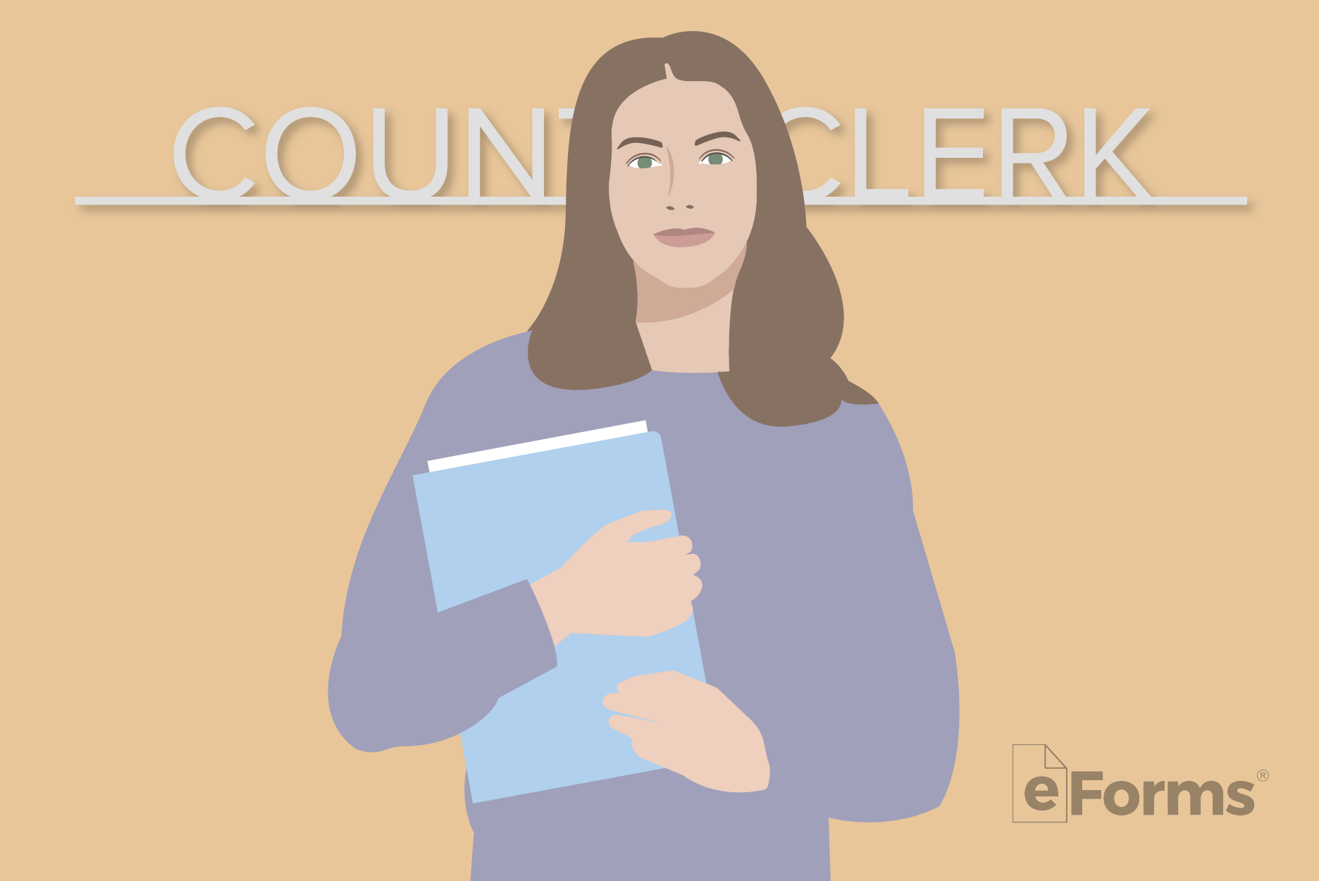 Young woman standing in Court Clerk office holding file folder.