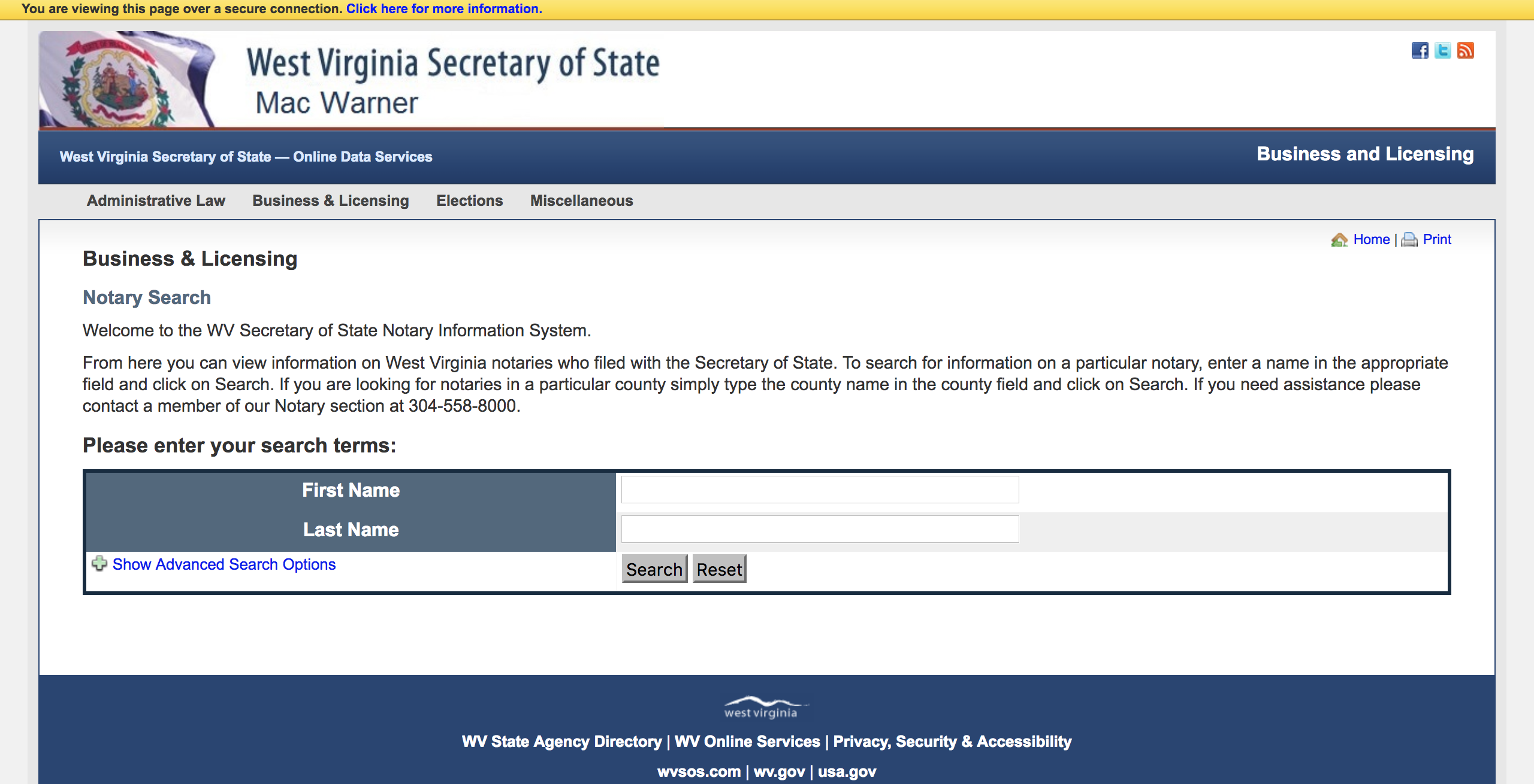 west virginia secretary of state business and licensing search page