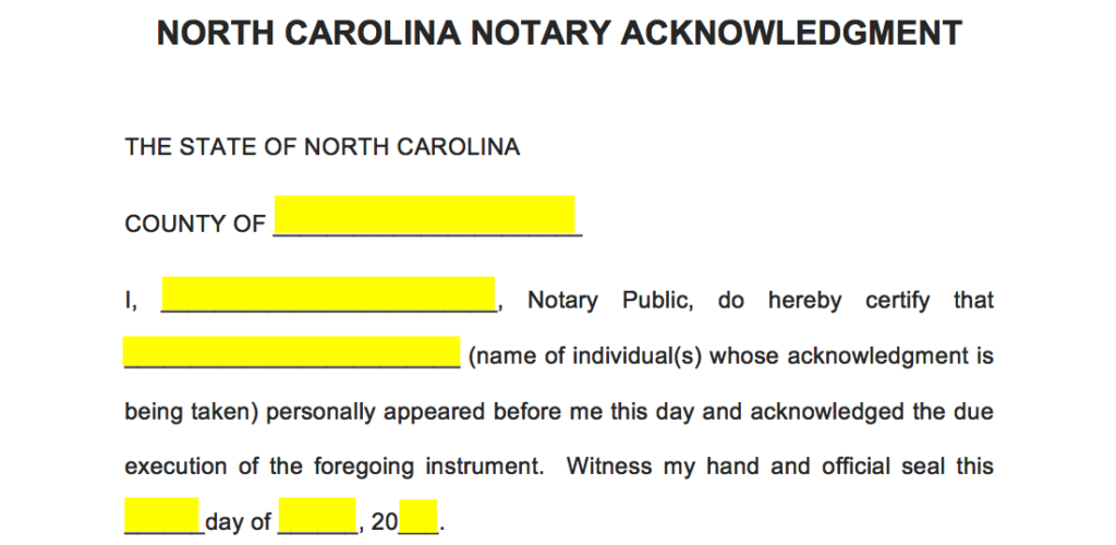 Free North Carolina Notary Acknowledgment Form PDF Word eForms