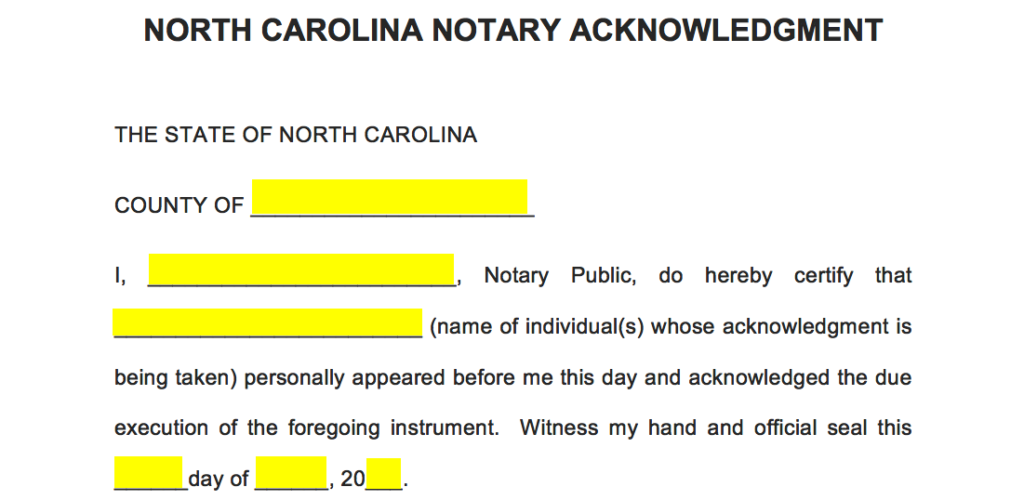 Free North Carolina Notary Acknowledgment Form PDF Word EForms