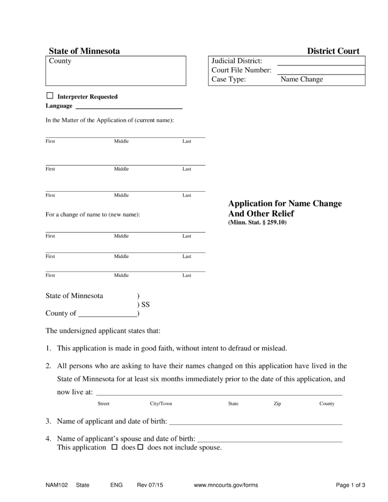 Free Minnesota Name Change Forms Application NAM102 PDF EForms