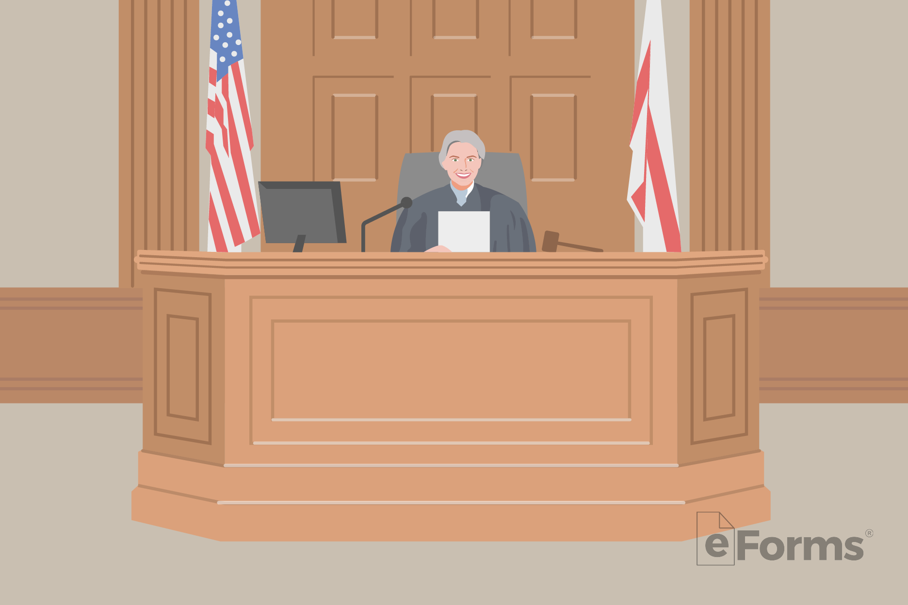 Courtroom with female judge sitting on the bench.