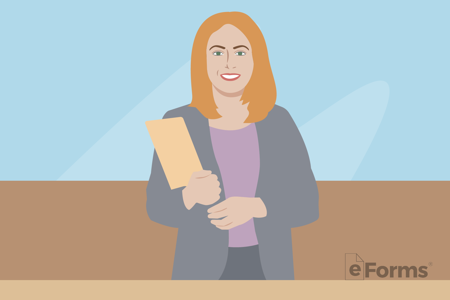 Woman standing while holding folder in courtroom.