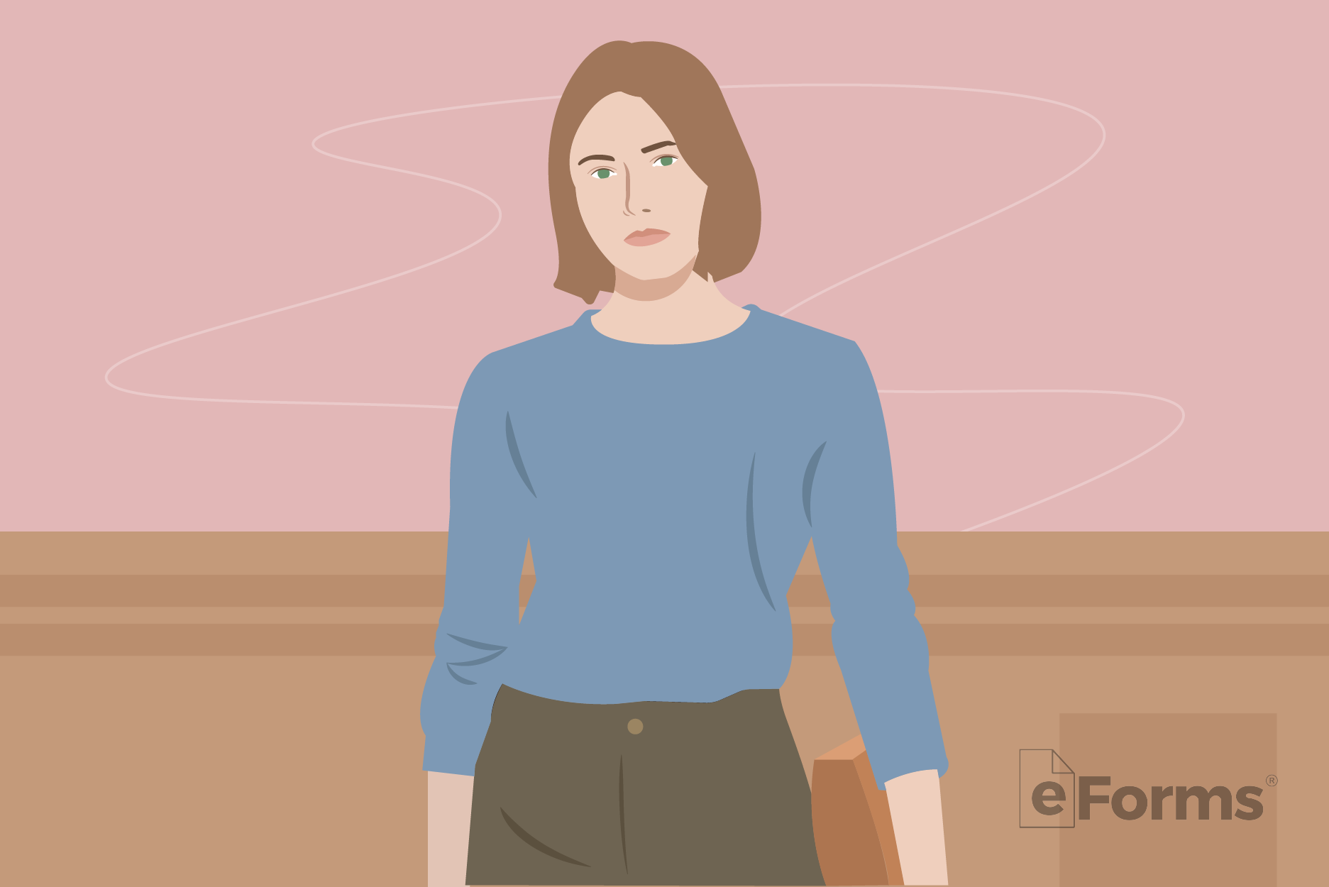 Young woman standing in courtroom.
