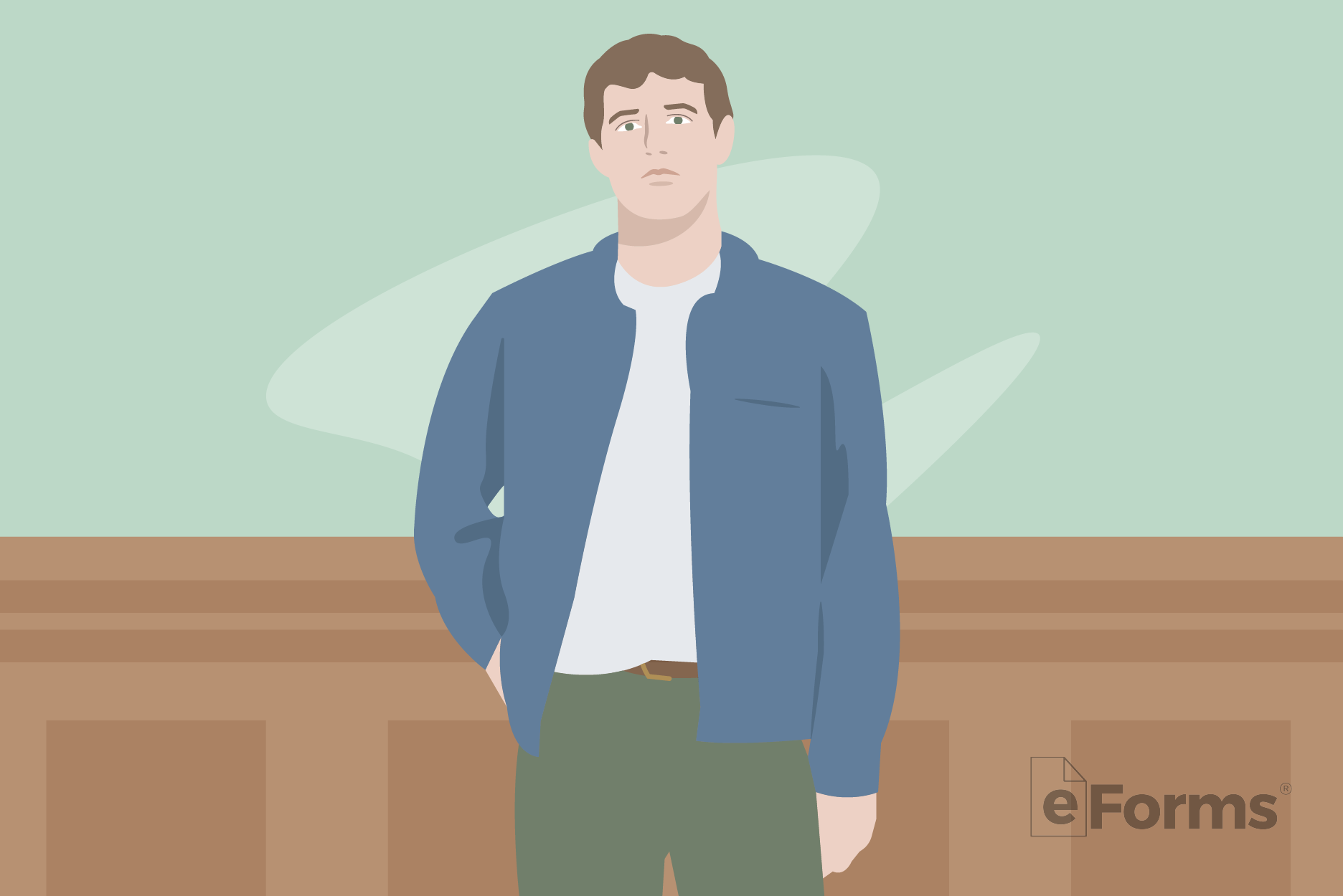 Young man standing in courtroom.