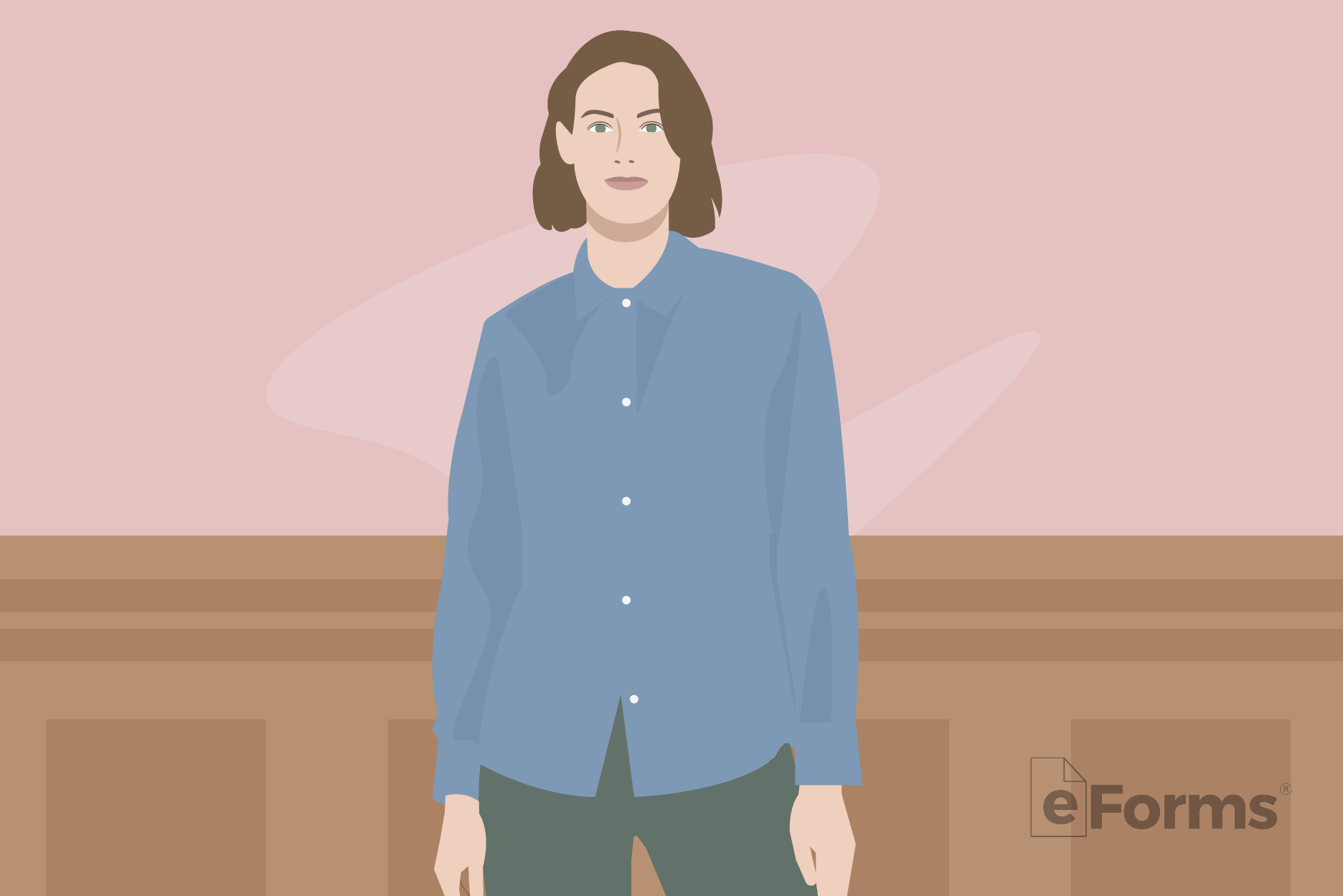 Young woman standing in courtroom.