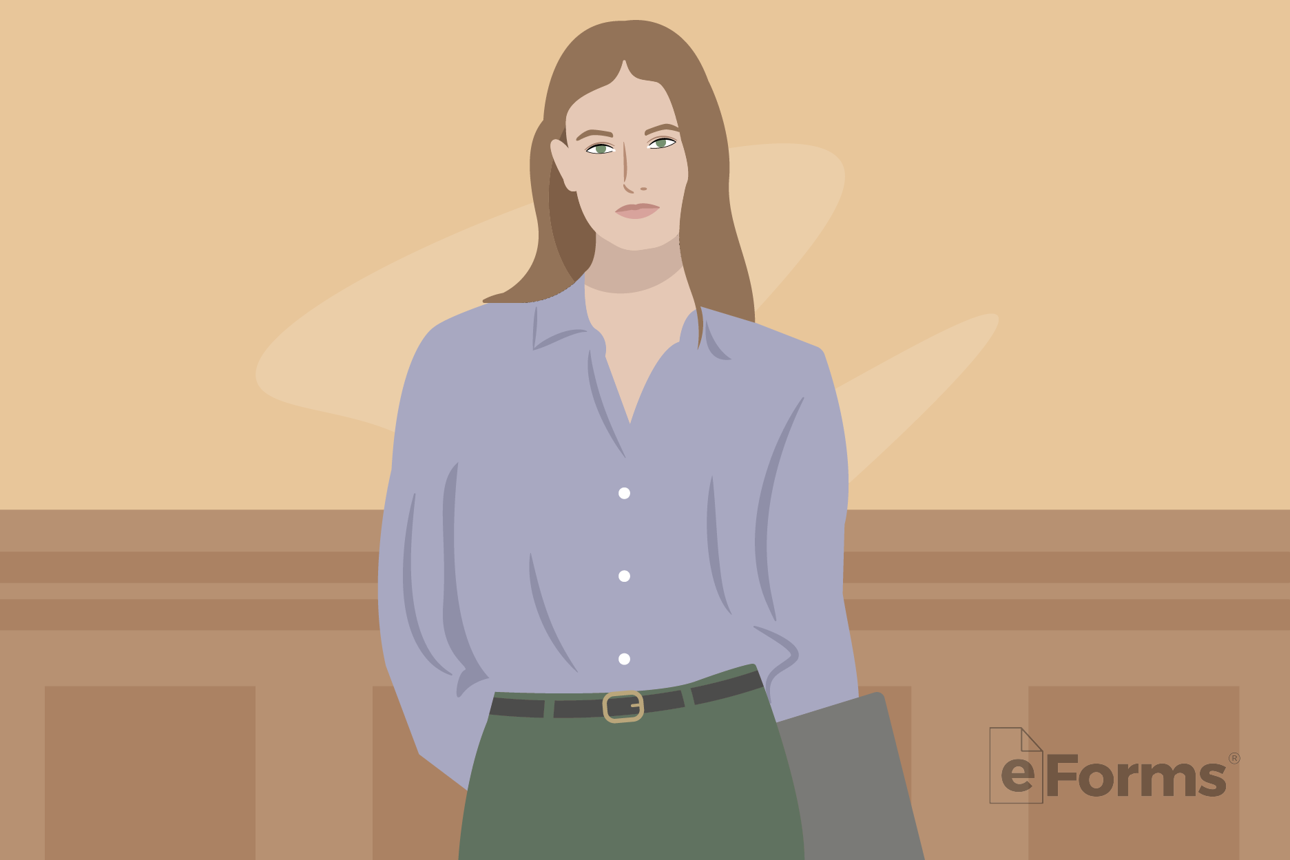 Young woman standing in courtroom.