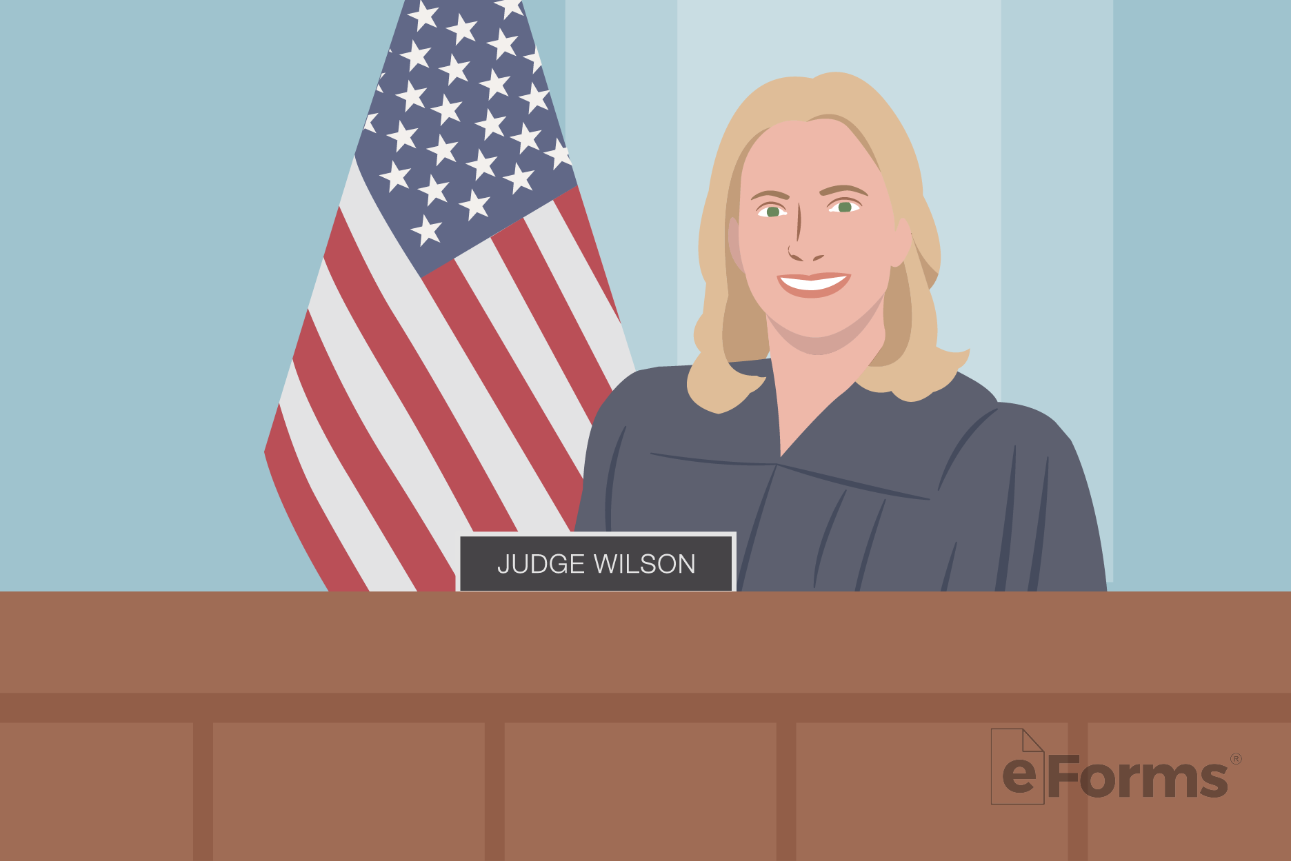 Female judge seated on bench with American flag behind.