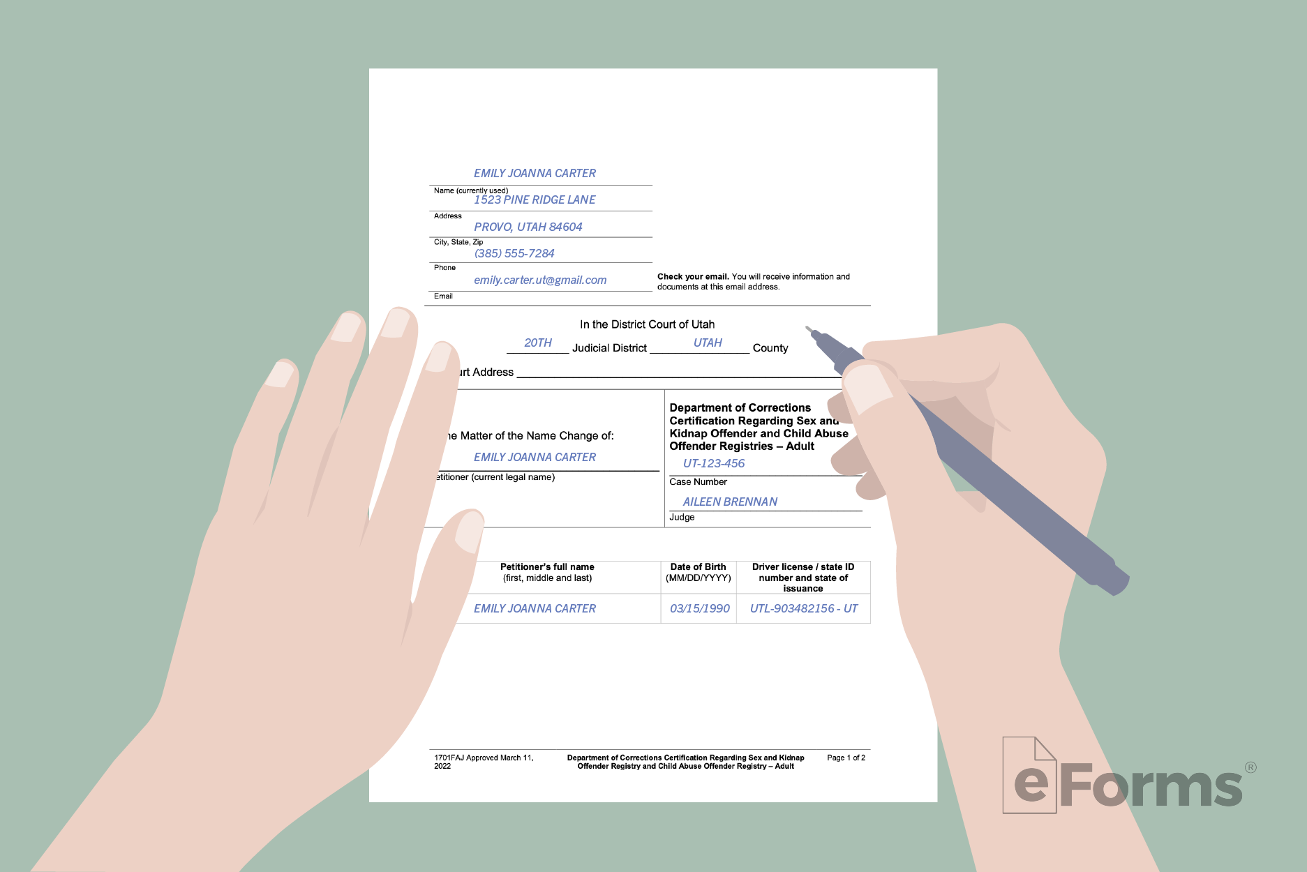 Document with hand holding pen.