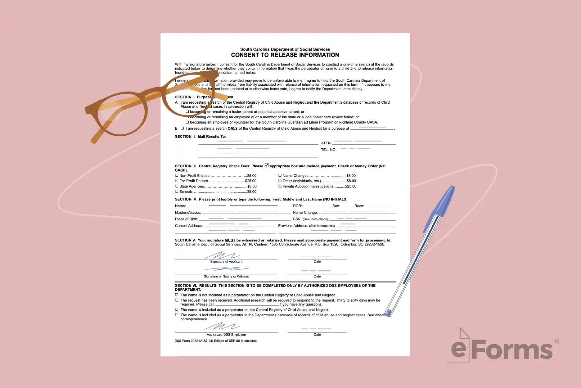 Consent document with pair of glasses and ball point pen.