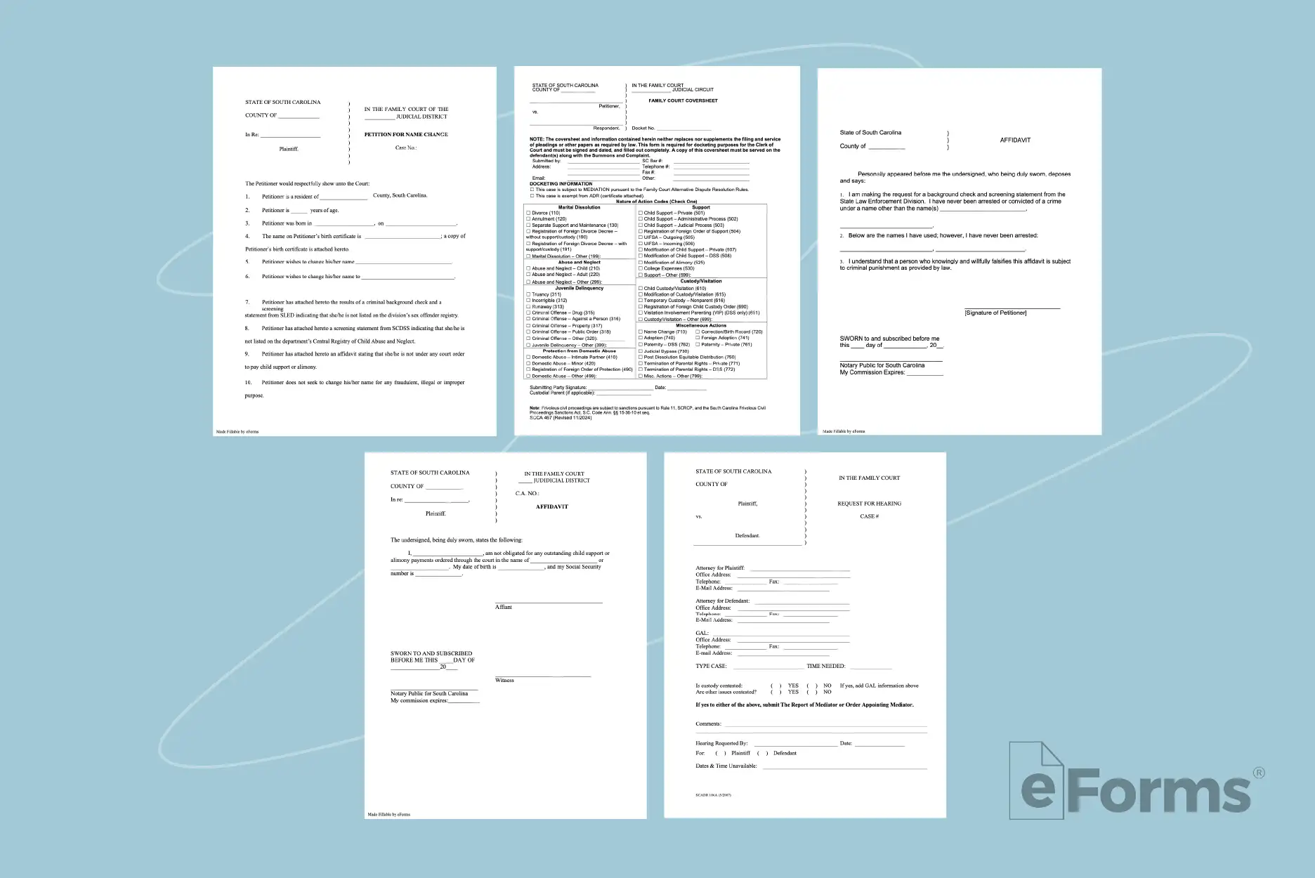 Flat lay of petition affidavits and hearing request documents.