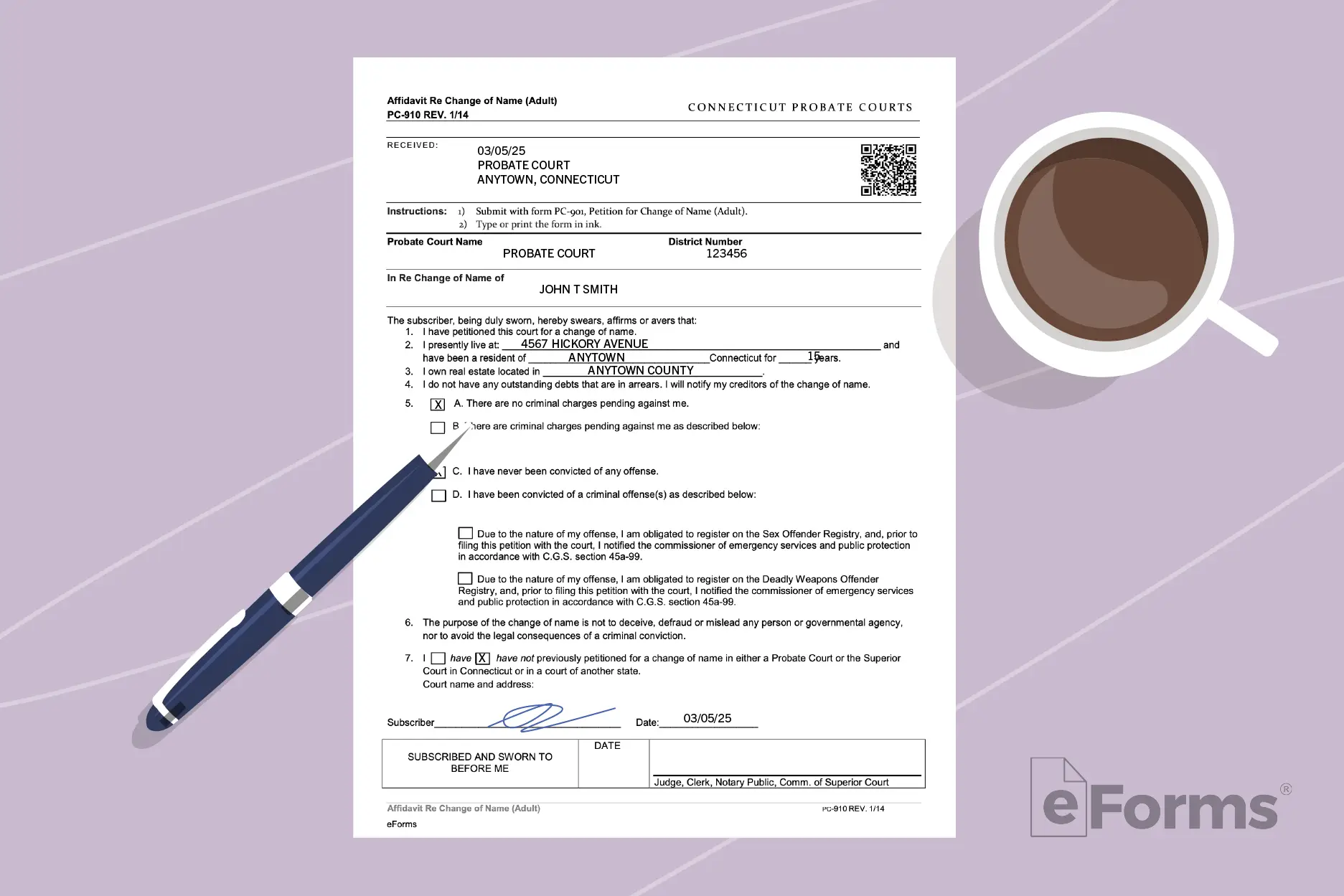 Affidavit form with pen and coffee cup.