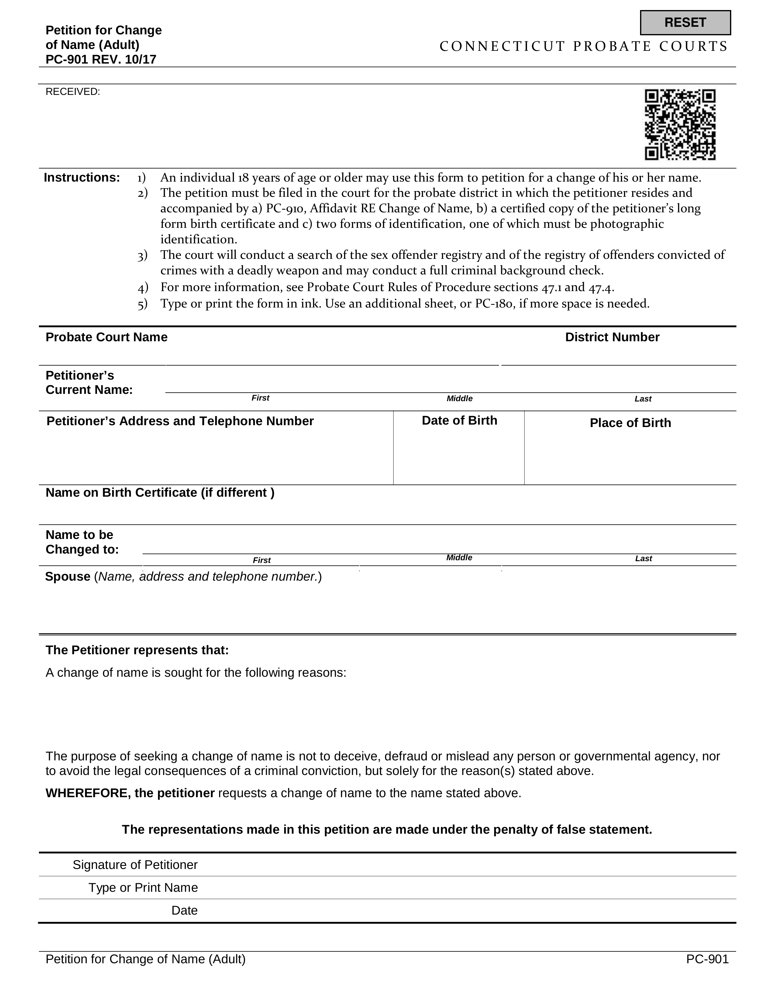 Connecticut Name Change Forms | PC-901
