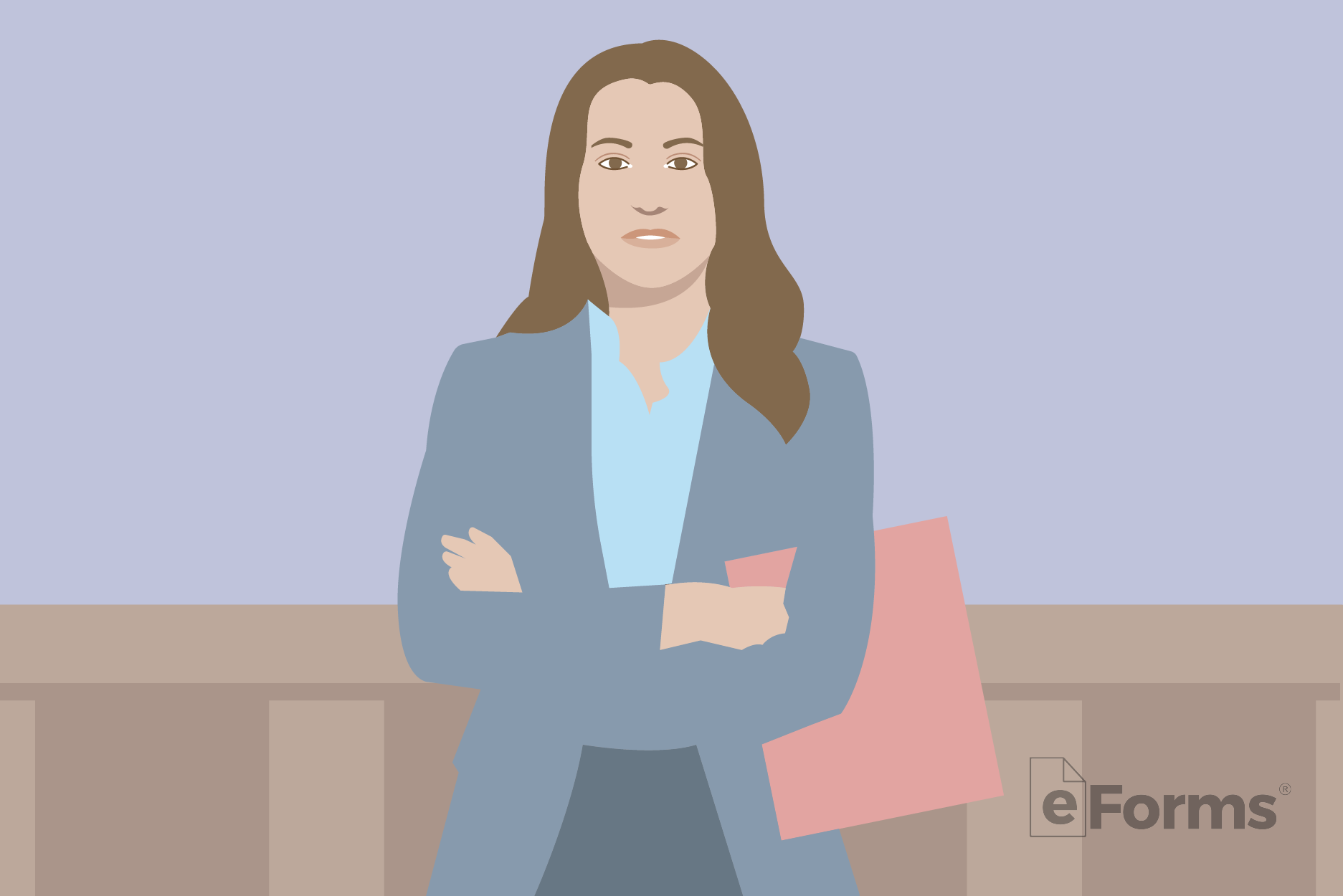 Woman standing holding file folder.