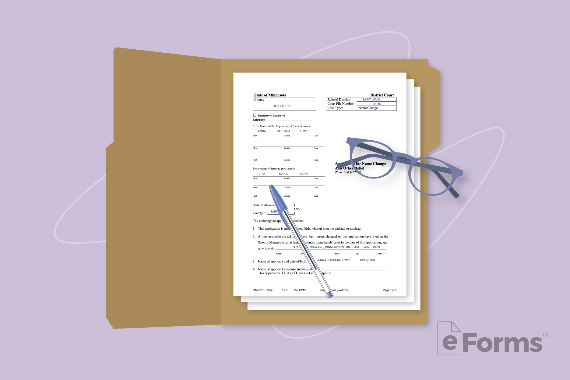 Open file folder containing documents with pen and glasses.