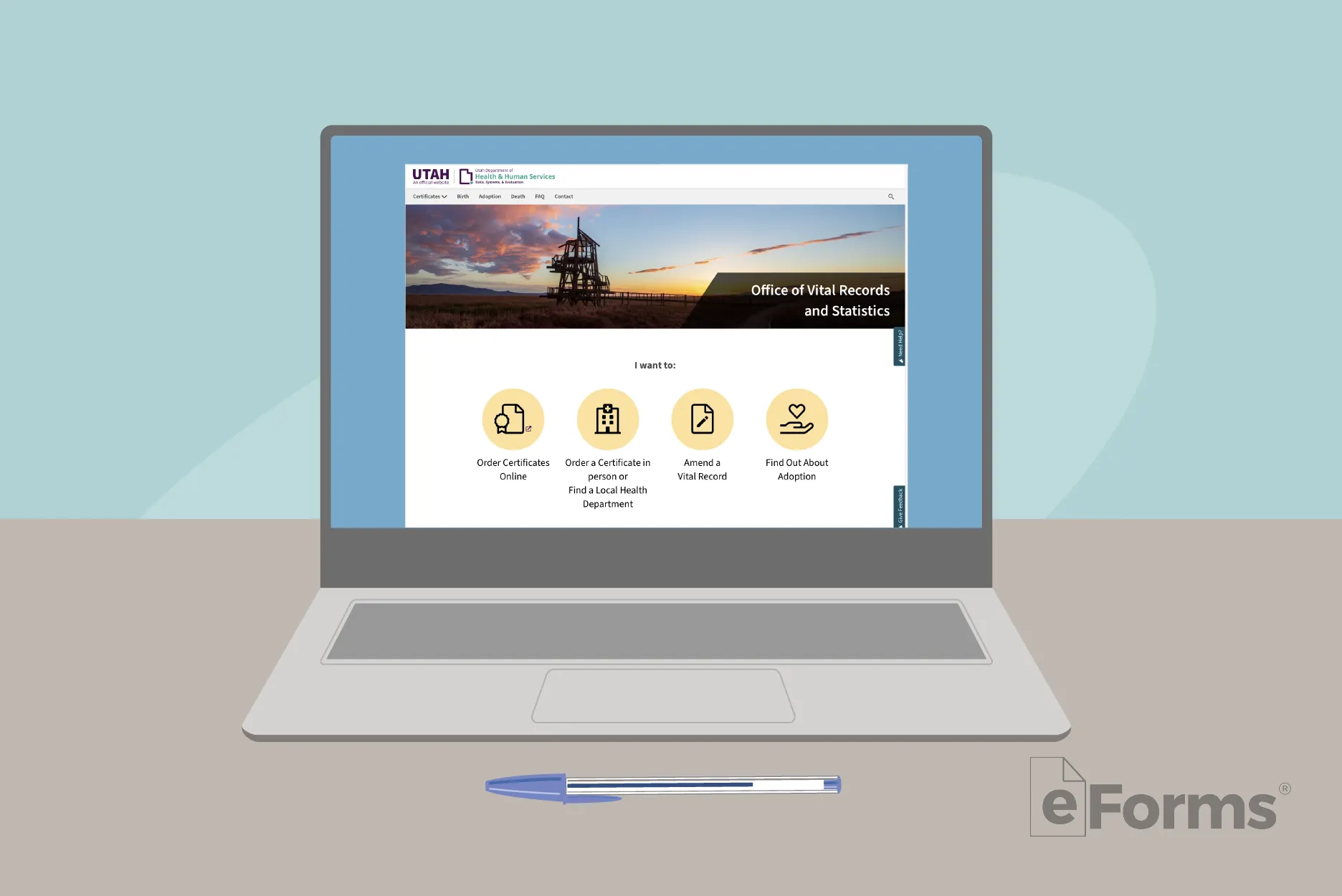 Laptop displaying vital records website page.