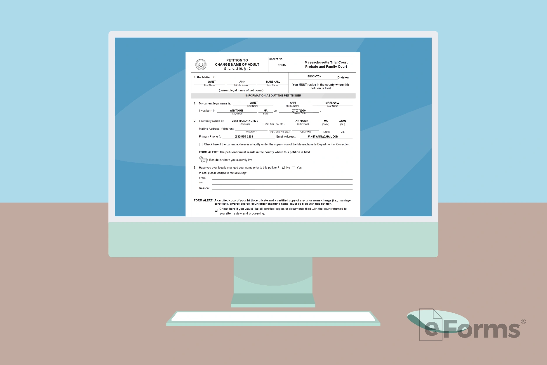 Desktop computer displaying Petition Form.