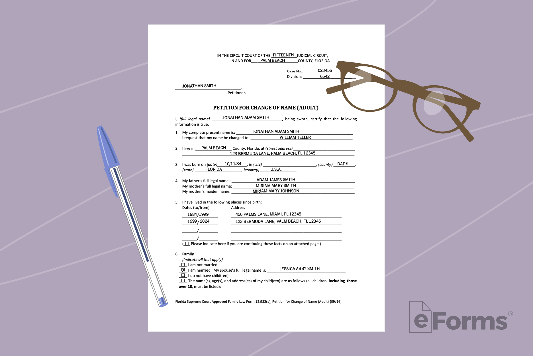 Petition filled out with pen and pair of glasses.
