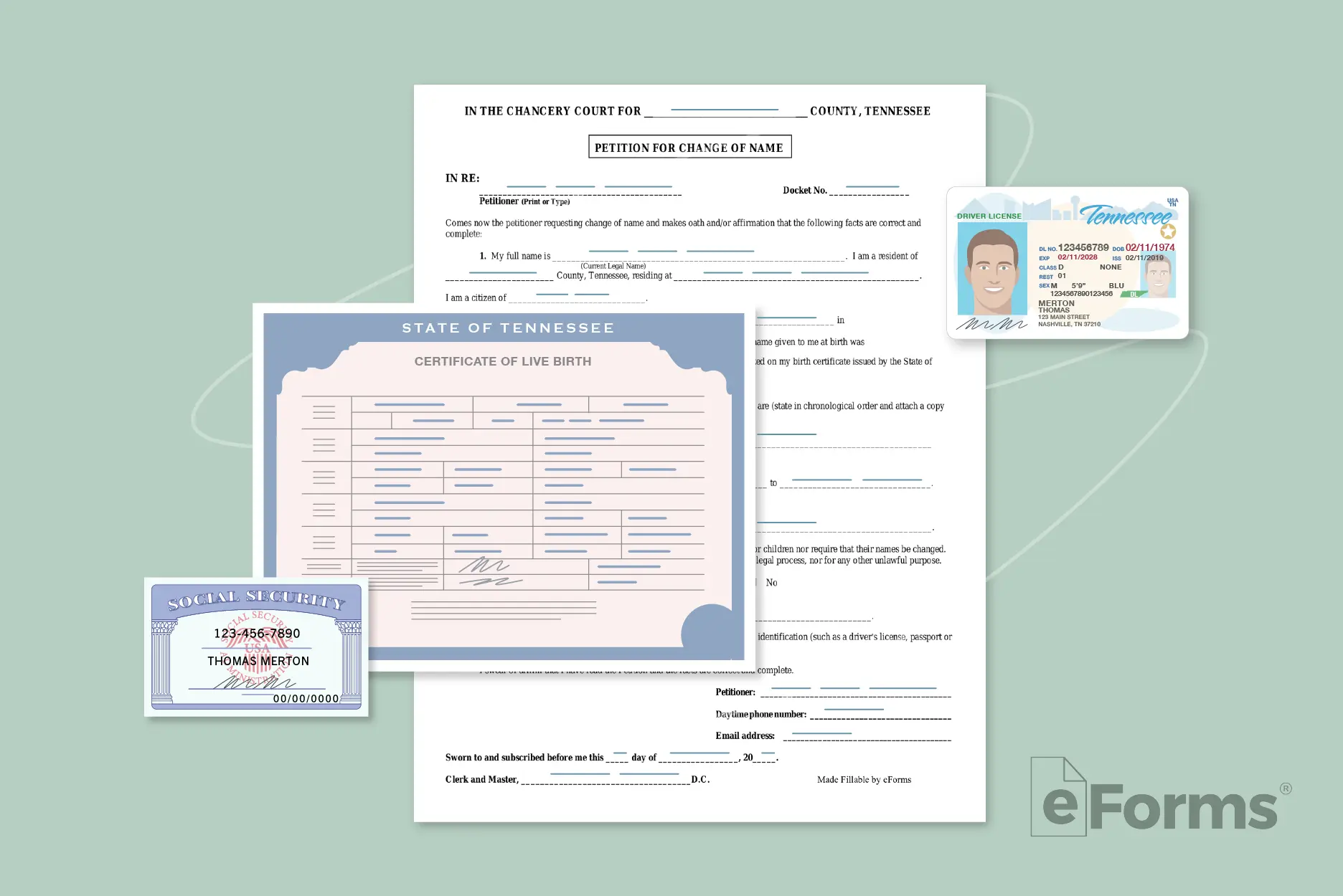 Flat lay of required documents for name change.