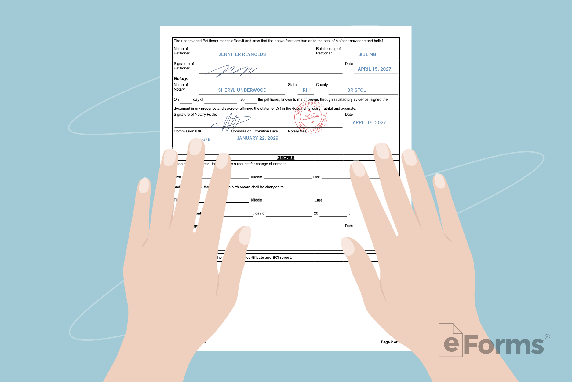 Pair of hands with Petition and notary stamp on document.