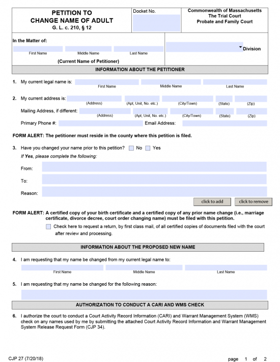 Free Massachusetts Name Change Forms | CJP 27 - PDF – eForms