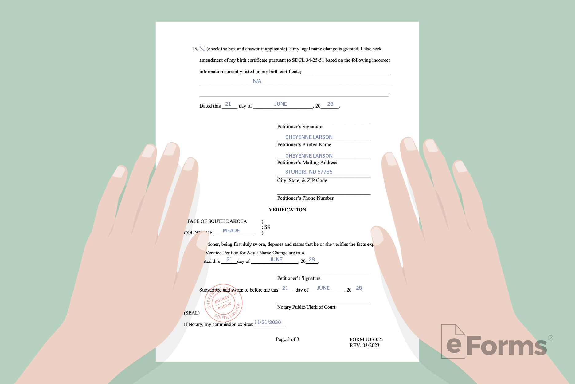 Pair of hands with notarized petition.