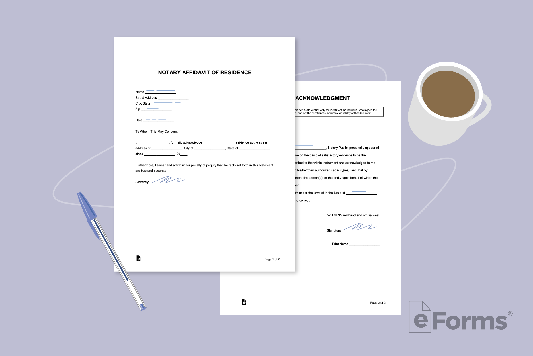 Proof of residency forms with coffee cup and pen.