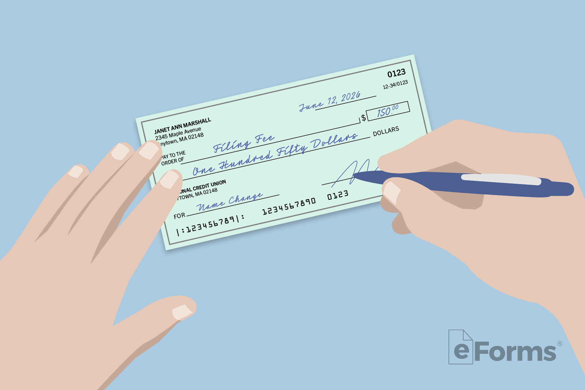 Pair of hands filling out personal check.