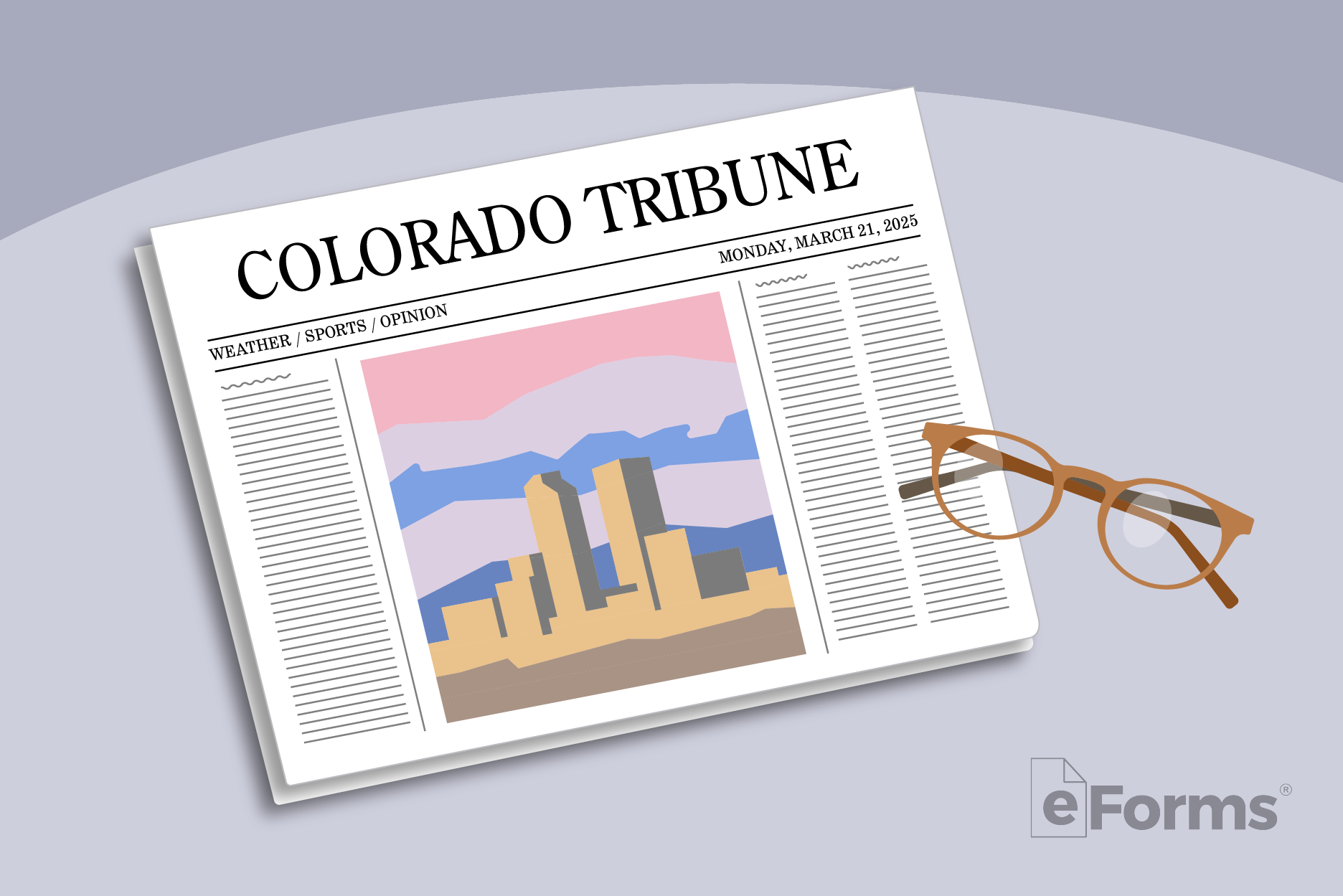 Colorado newspaper with pair of glasses.