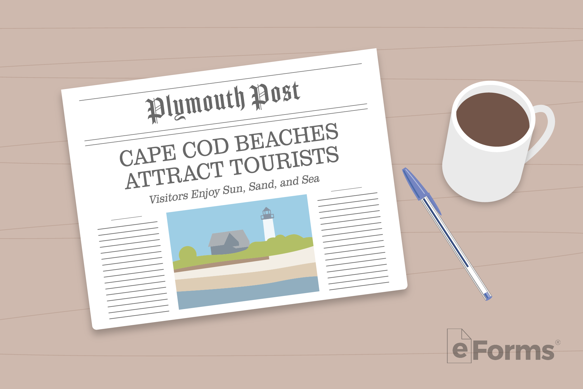 Massachussetts Newspaper with coffee mug and ballpoint pen.